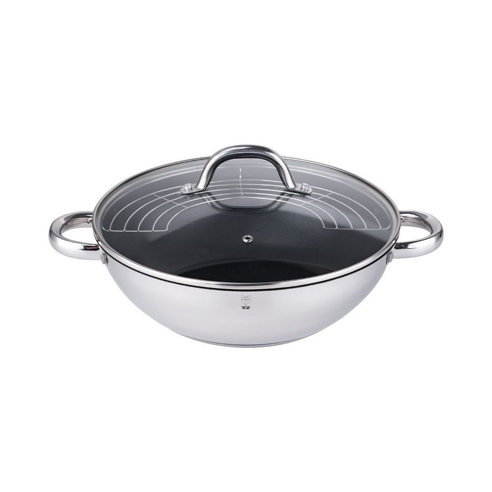 Image of Voss Sevilla Stainless Steel Wok With Lid And Rack, 28 Cm, Includes Glass Lid + Rack, Serving Pan, Frying Pan, Induction-compatible Wok