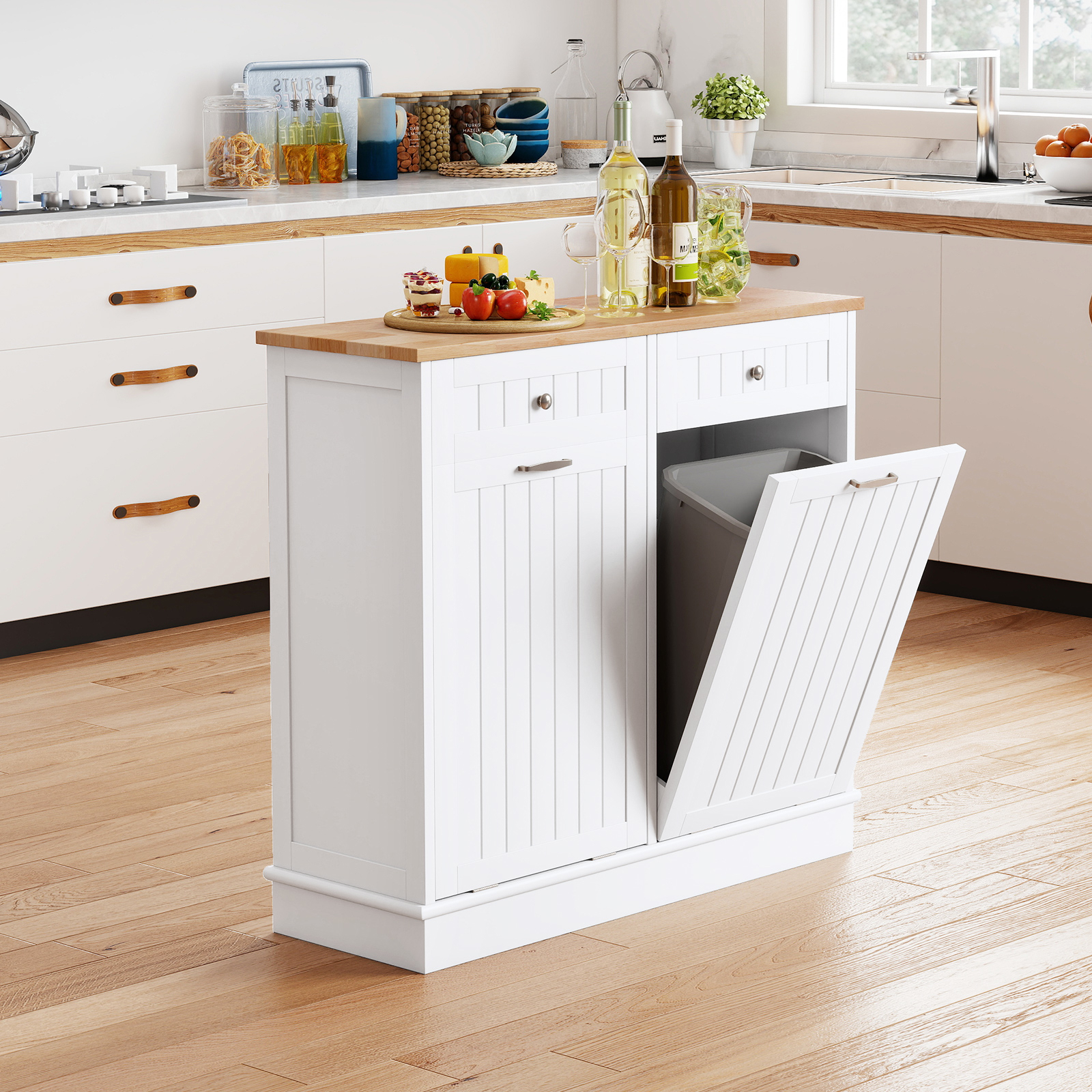 Double Sliding Garbage Bin Furniture, With Rubber Wooden Tray, Cutting Board And 2 Storage Drawers, White