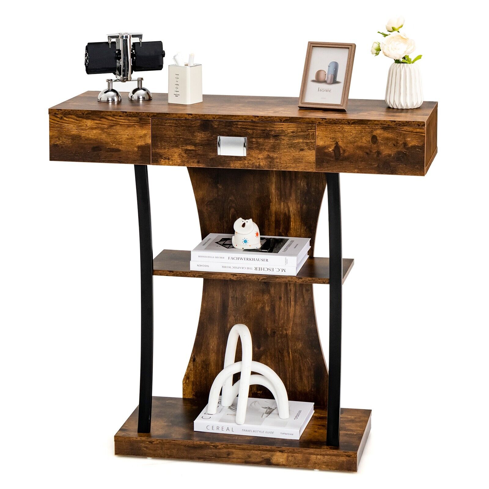 TEMU Gymax 3-tier Console Table, Industrial Accent Sofa Table With Storage Drawer & Anti-toppling Device, Behind Couch Table For Entryway, Bedroom,