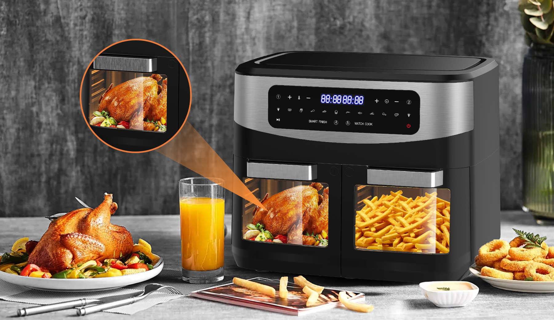 Hot Air Fryer - KDF5511D 12 Liter Grote Capaciteit, 2600W Snelle Verwarming, Twee Onafhankelijke 5.5-Liter Kamers, 10 Kookprogramma's, LED Touchscreen, Kijkvenster, Vetarme Gezonde Friteuse, Ideaal voor Familiefeesten.