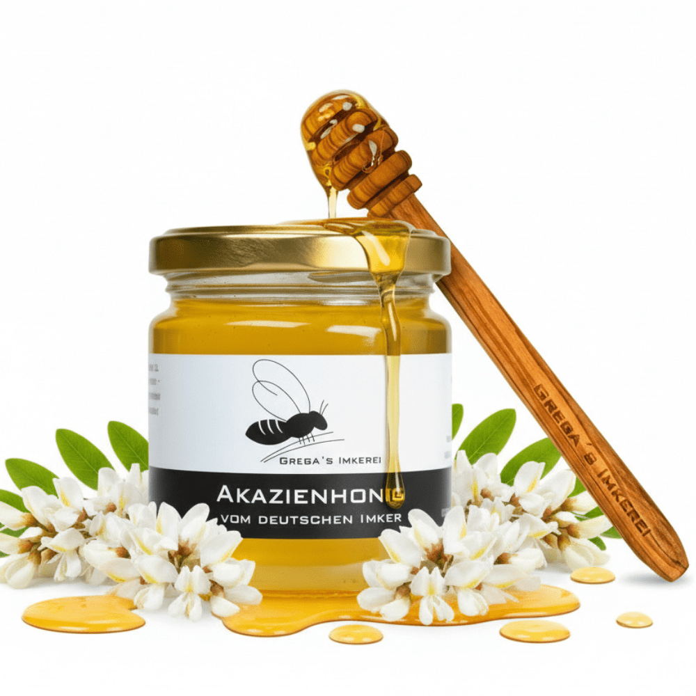 Image of Honey Glass With Spoon In Set: Acacia Honey 250 G - German Robinia Honey With Honey Spoon Made Of Olive Wood - Perfect Gift Set, Liquid, Mild & Floral - Honey Gift & Souvenir For Honey Fans