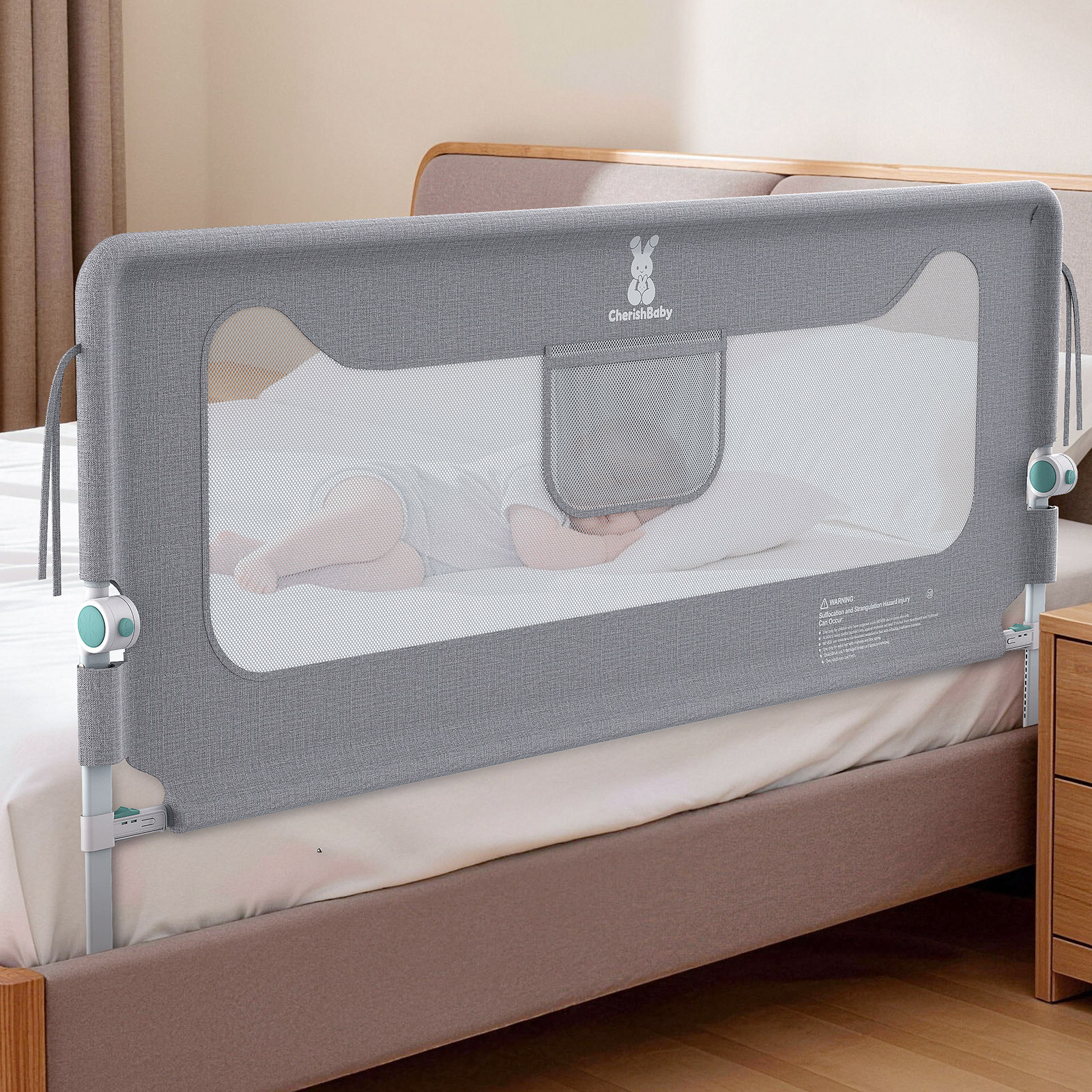 Lingsen Adjustable Height Bed Guard Rail, Foldable 180-degree Safety Barrier For Cot And Parents' Bed, Grey, Polyester, Fall-out Protection, Bed Guard Rail
