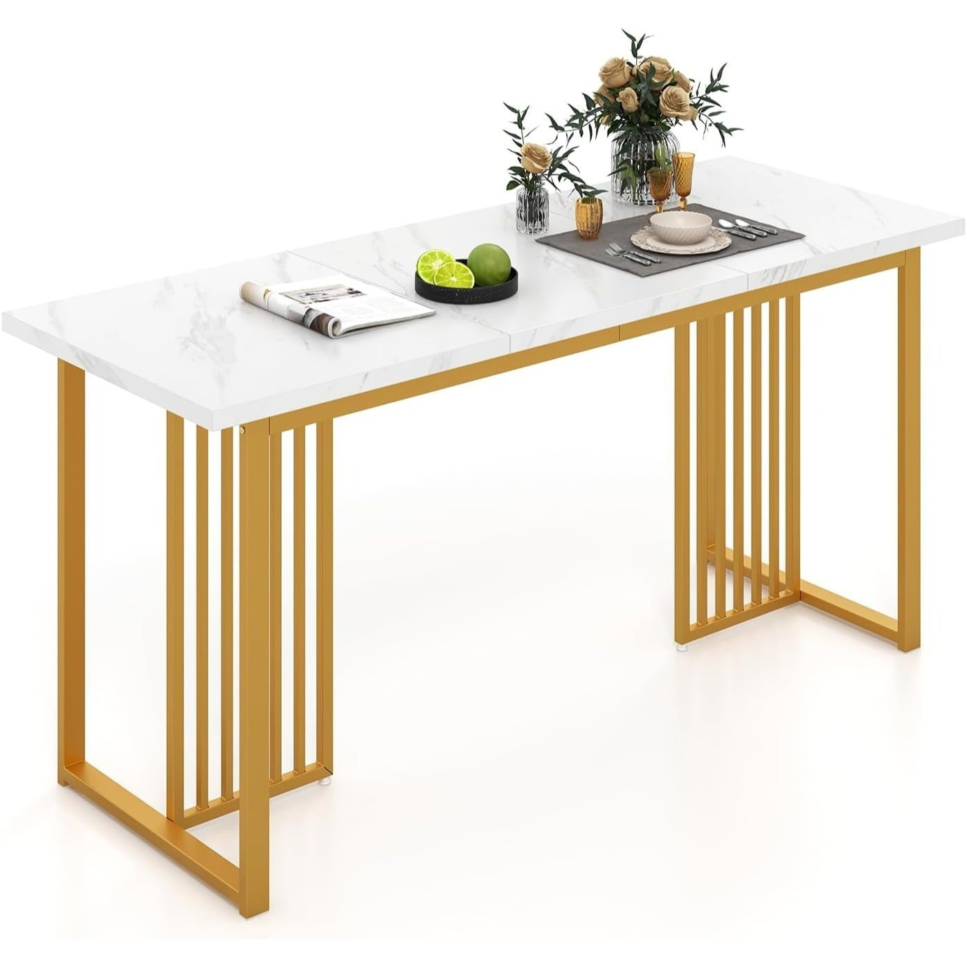 Image of Modern Dining Table, 160 Cm Dining Room Table For 6-8 People, Rectangular Kitchen Table With Marble Tabletop