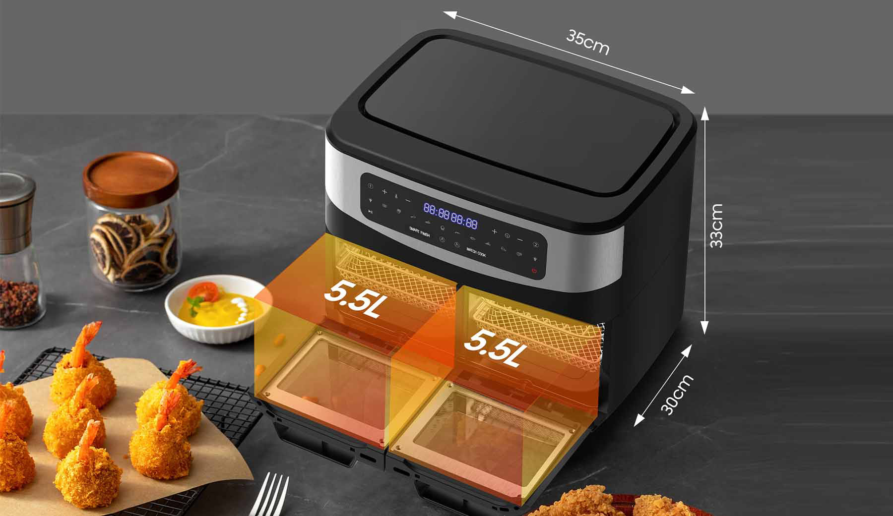 Hot Air Fryer - KDF5511D 12 Liter Grote Capaciteit, 2600W Snelle Verwarming, Twee Onafhankelijke 5.5-Liter Kamers, 10 Kookprogramma's, LED Touchscreen, Kijkvenster, Vetarme Gezonde Friteuse, Ideaal voor Familiefeesten.