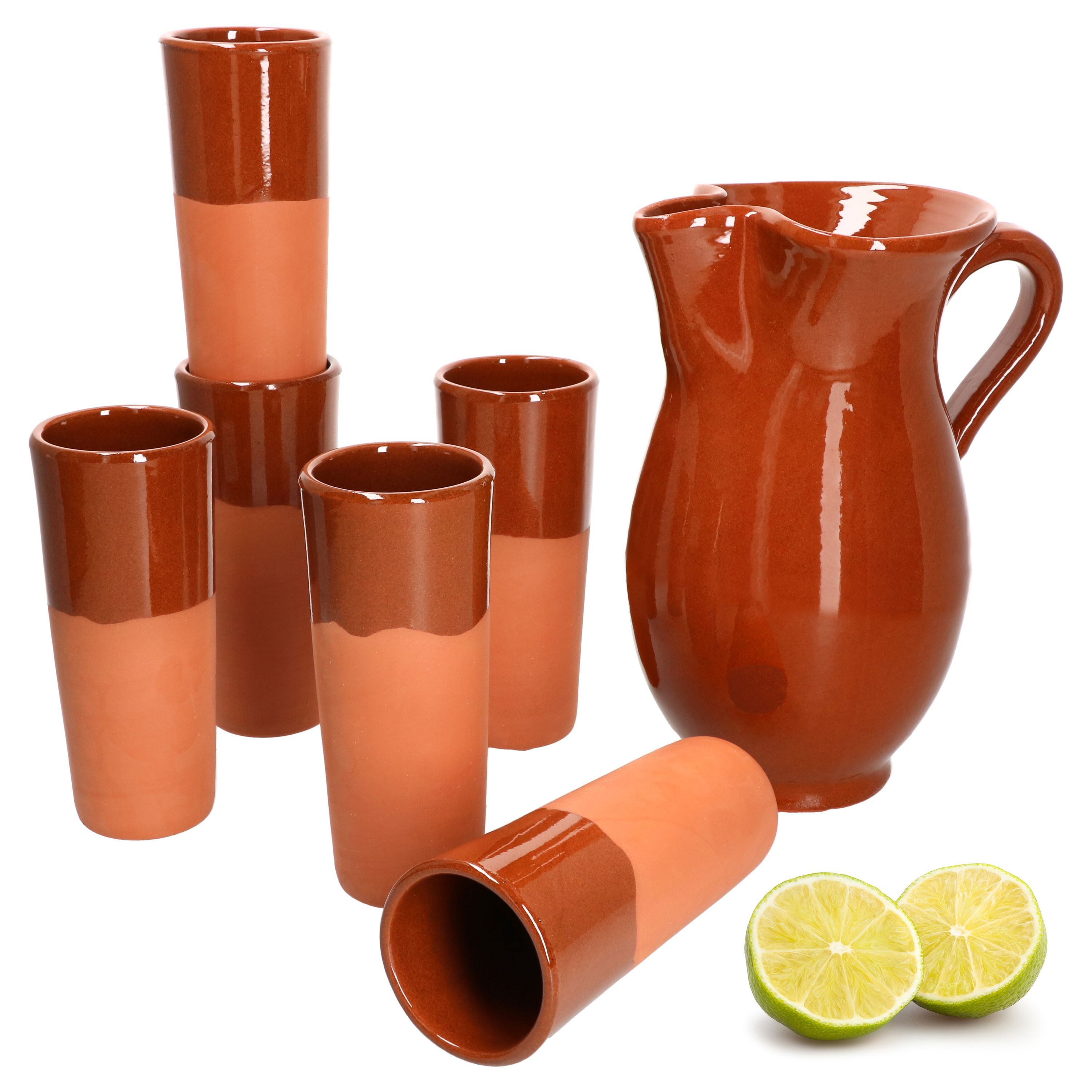 7pcs Set Tontopf 1.9l + 6 Tonbecher 330ml Partially Glazed - 12968 + 99544