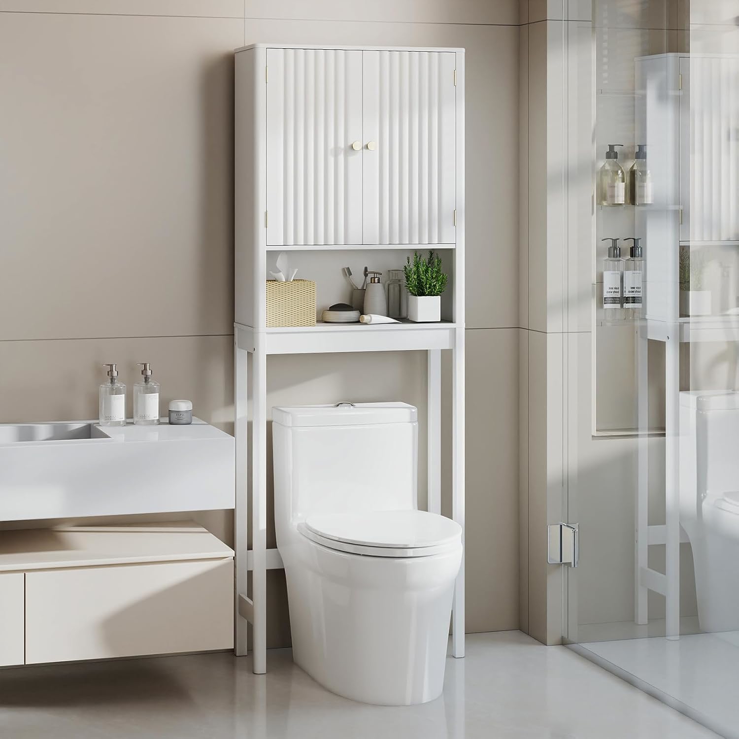 Image of Toilet Shelf, Furniture Above The Toilets With Adjustable Shelves, Toilet Wardrobe With 2 Doors And Open Shelf, 60 Cm