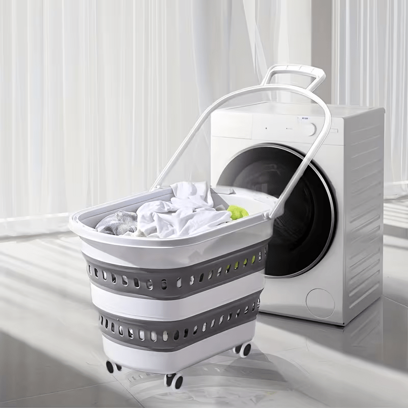 Retractable And Foldable Laundry Basket With Wheels - 45 - White Gray