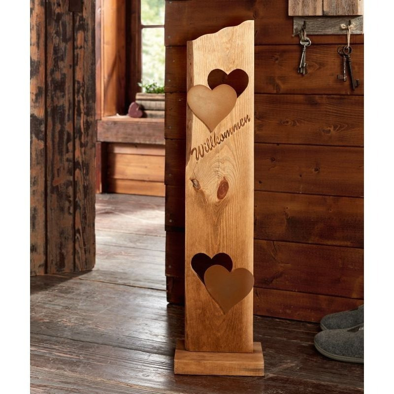Wooden "welcome" Column, 80 Cm High, 2 Metal Hearts In Rusty Optic, Wooden Column
