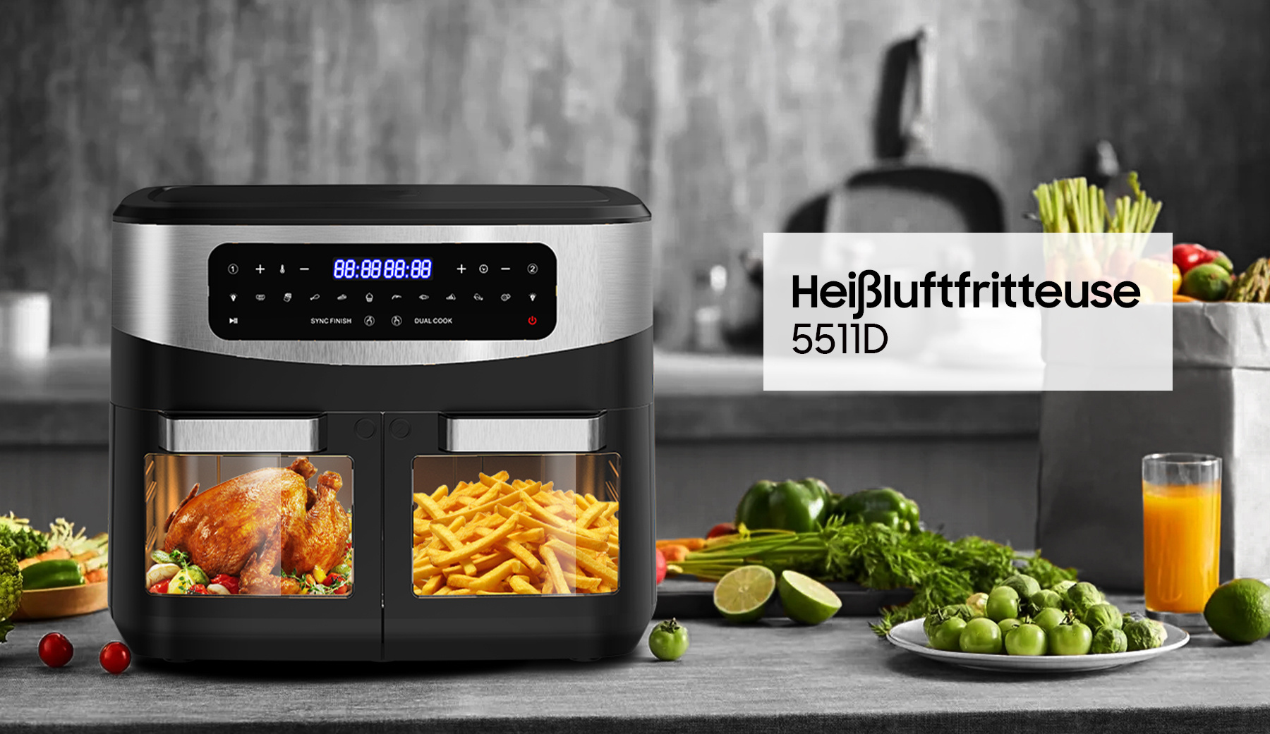 Hot Air Fryer - KDF5511D 12 Liter Grote Capaciteit, 2600W Snelle Verwarming, Twee Onafhankelijke 5.5-Liter Kamers, 10 Kookprogramma's, LED Touchscreen, Kijkvenster, Vetarme Gezonde Friteuse, Ideaal voor Familiefeesten.