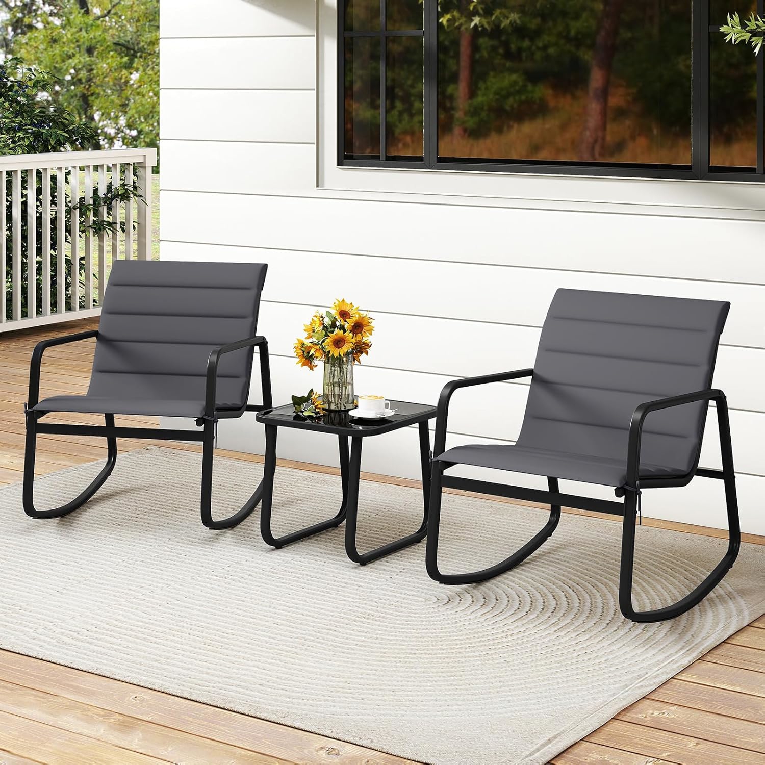 Set Of 3 Pieces Garden Swing Armchairs, Swing Armchairs With Tempered Glass Table, Removable Cushions
