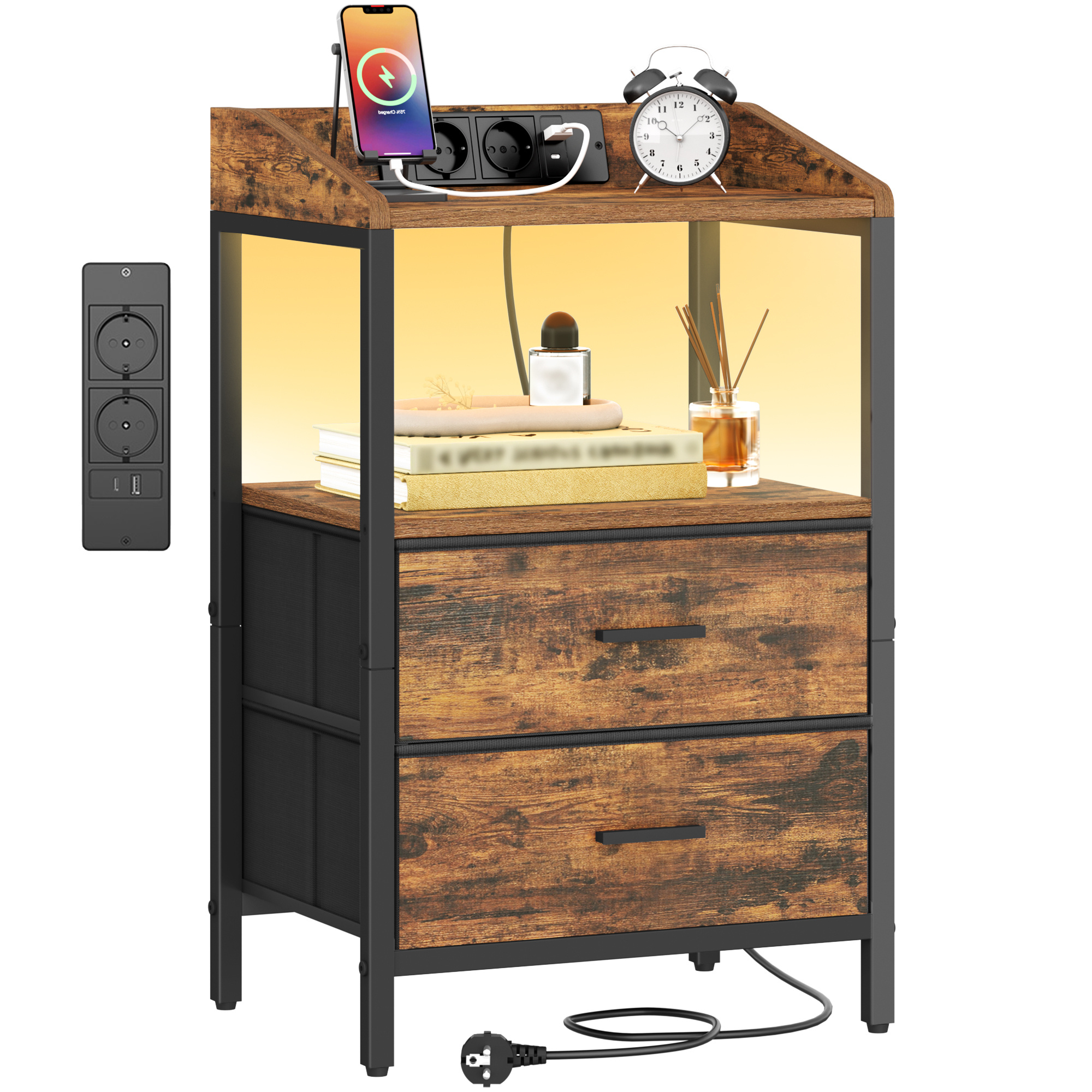 Nightstand With Led Lighting, 2 Fabric Drawers, Usb Ports And Outlets, For The Bedroom, -black.