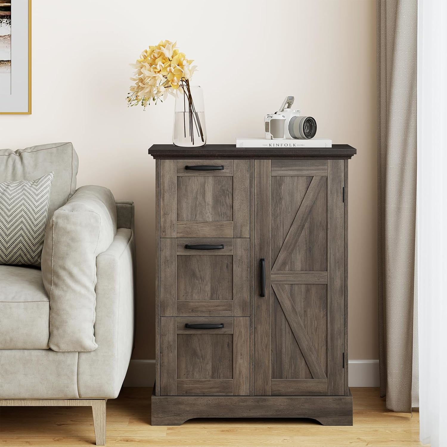 Image of Wooden Floor Cabinet, Farmhouse Storage Organizer With Barn Door And 3 Drawers, Freestanding Kitchen Sideboard Buffet Cabinet, Rustic Oak