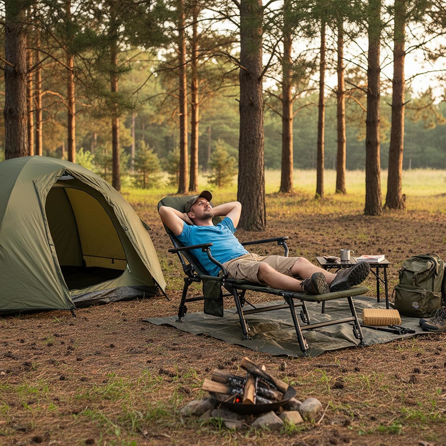 Image of Oversized Fishing Chair Heavy Duty With Footrest, 180° Reclining Folding Camping Chair With High Back, Padded Seat, Side Pocket