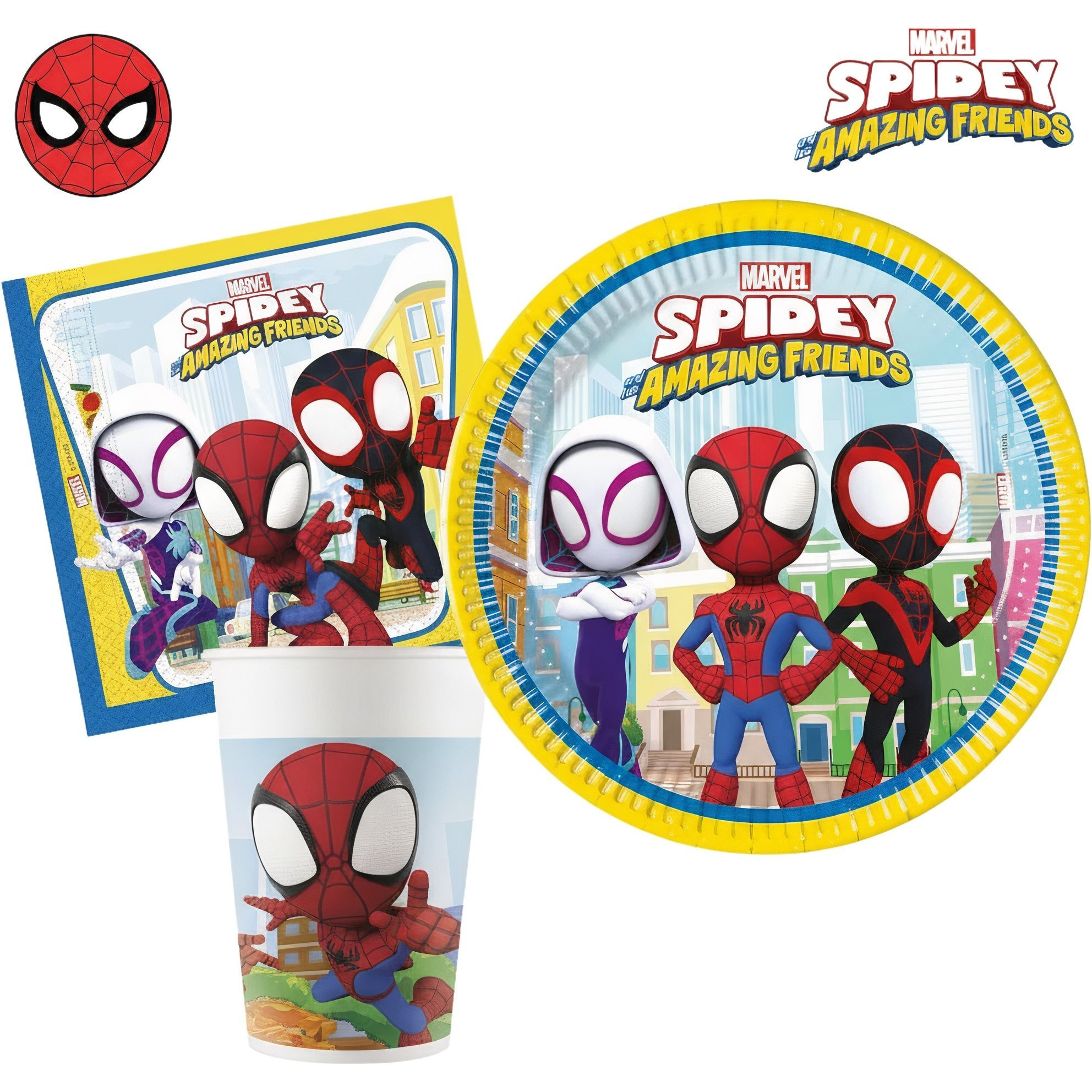 E-shop Spiderman Party Set für 8 Personen Tischdekoration Geburtstag mit 8 Tellern, 8 Gläsern und Servietten