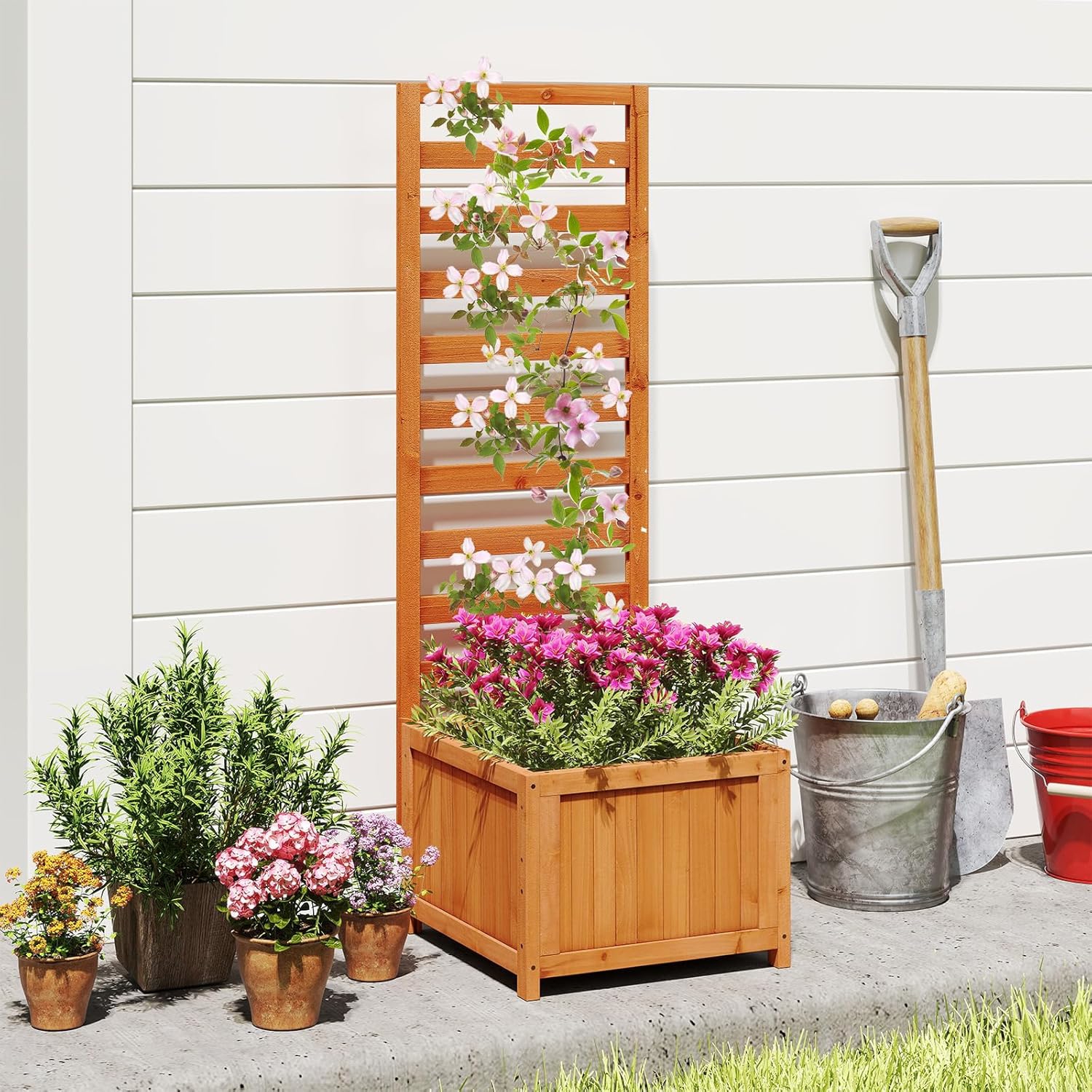 Image of Wood Raised Garden Bed With Trellis, 48" Tall Elevated Planter Box With Drainage Holes & For Climbing Plants Vines Flowers Vegetables, Indoor Outdoor Privacy Fence Planter For Patio Lawn Yard
