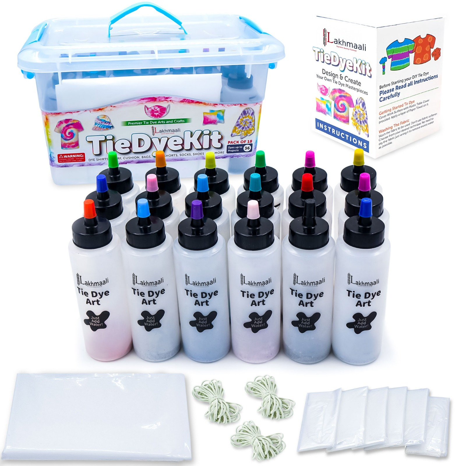 TEMU 18-colour Tie Dye Kit – Complete Diy Fabric Dye Craft Set With 18 Bottles, Concentrated Colour Powders, Gloves & Rubber Bands, Dye Kit For