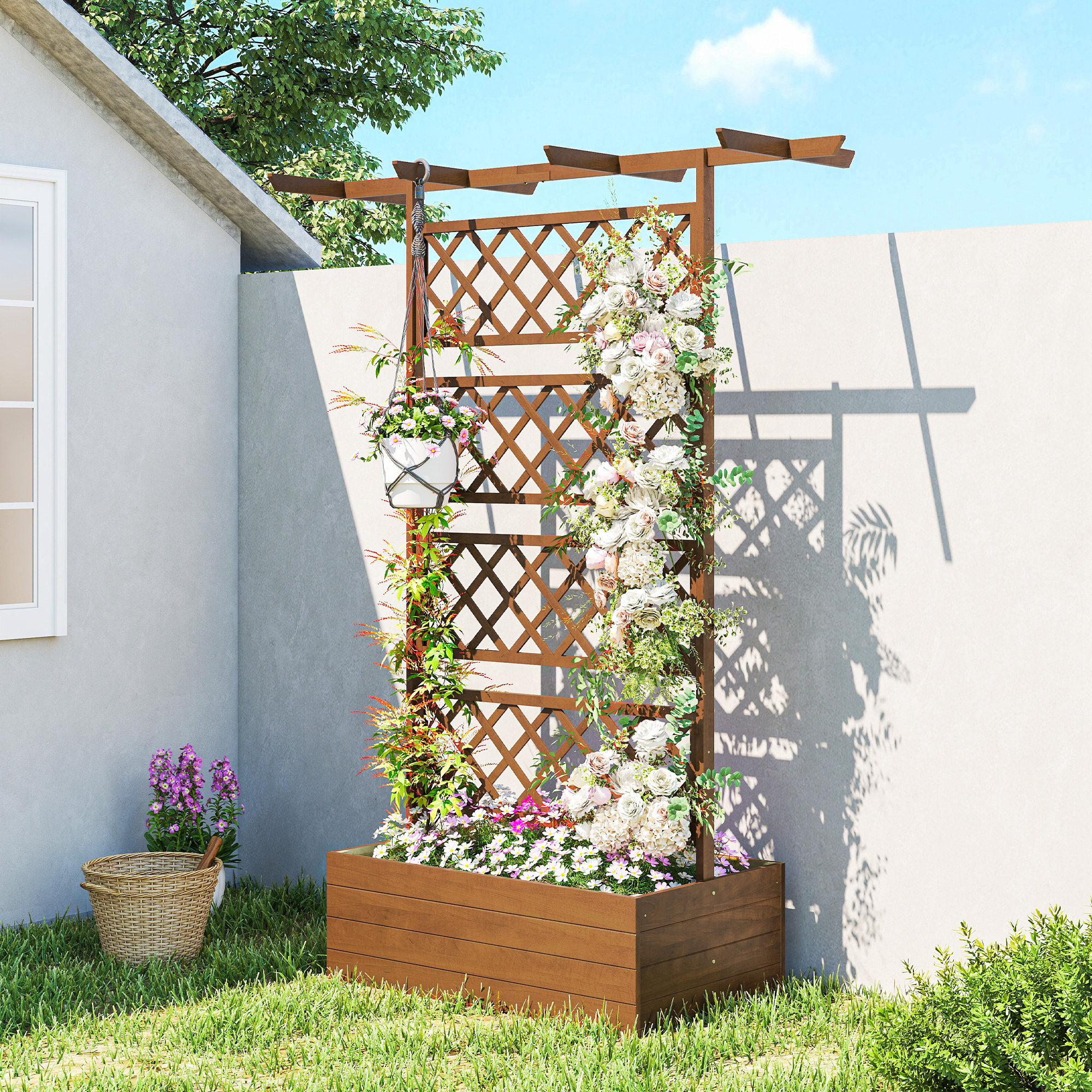 Image of Raised Garden Bed With Trellis, Wooden Planter With Roof, Climbing Plant Bed, Cold Frame For Garden Or Balcony, 160 X 55 X 183 Cm, Orange