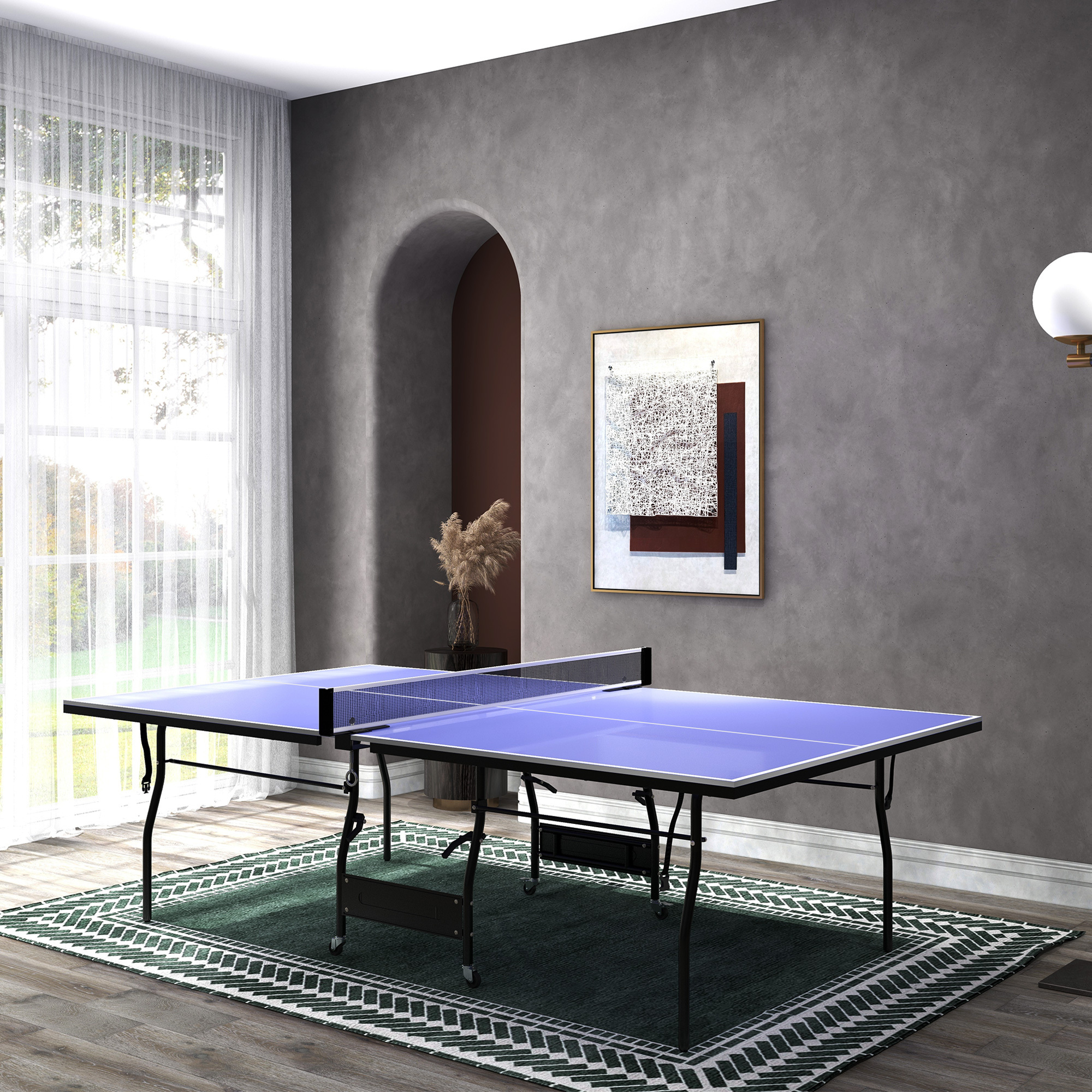 Image of Folding Table Tennis Table Standard Pong Table With Wheels Table Tennis Net 3 Balls 12mm Weather-resistant Table Top Pong Table For Indoor Use 274 X 152.5 X 76 Cm Blue