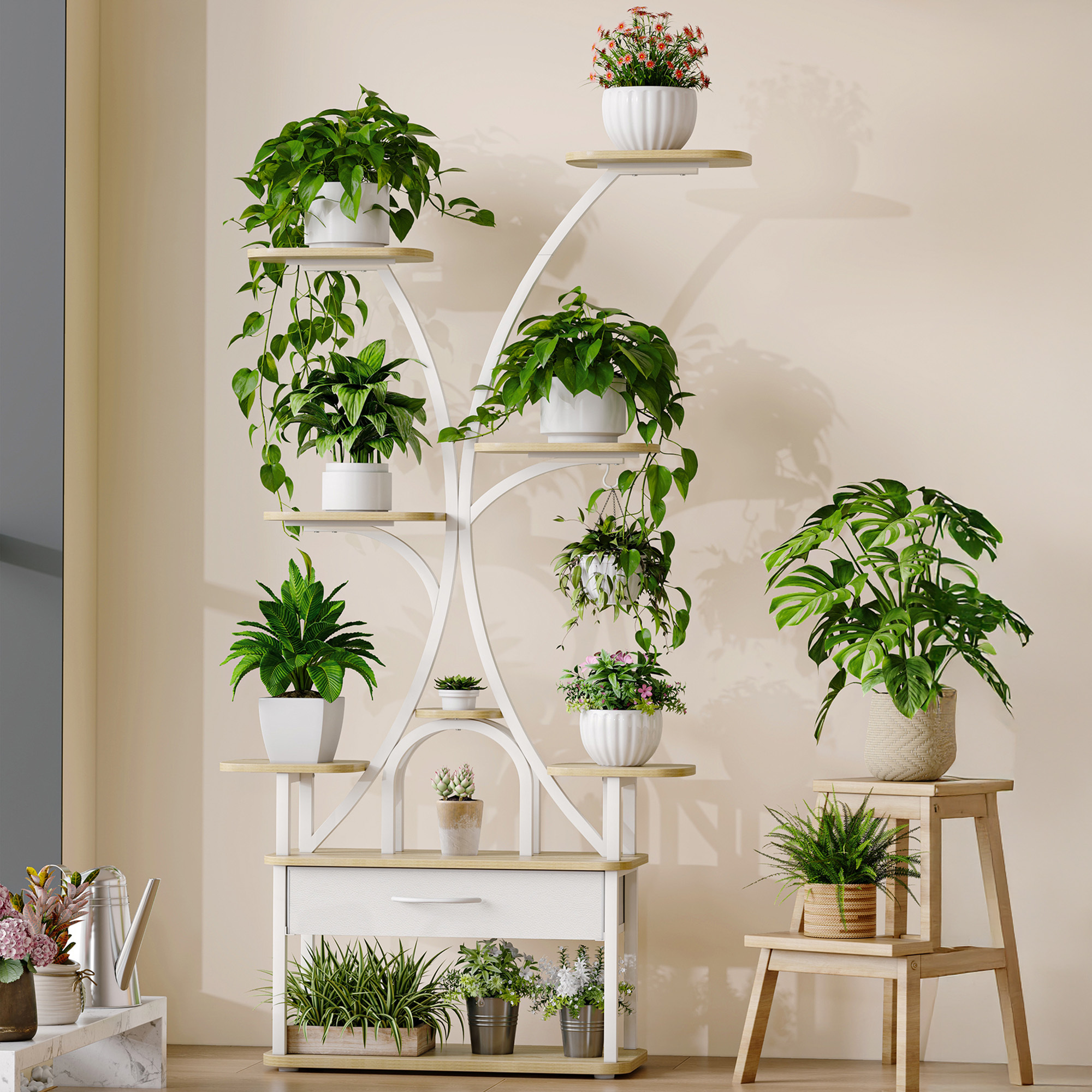 Image of Plant Stands With Growth Light, 9-tier Flower Stands With 4 R-g Led Lights, Color And Timing Adjustable, 164 Cm, Ideal For Living Room, Balcony, Garden, White