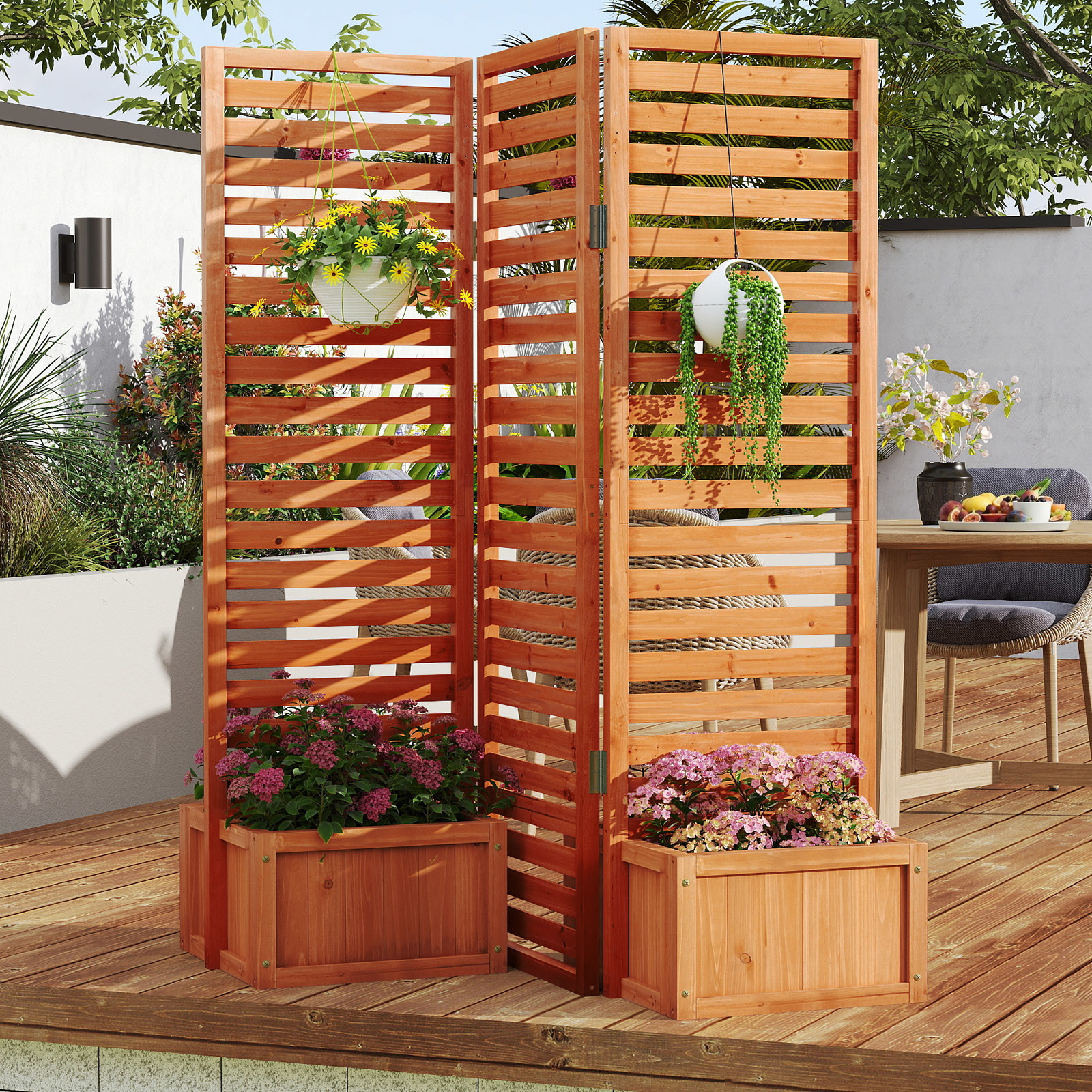 Image of Freestanding Decorative Privacy Screen, Outdoor Divider Separator W/ 2 Self-draining Planter Boxes, 3 Hinged Panels, Solid Wood Garden Fence, Plant Support Trellis For Yard Deck Patio Balcony