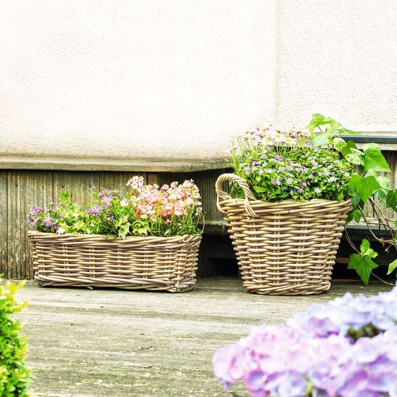 Rattan Planter 'koboo Grey' 46 Cm Long, Grey, Balcony Planter, Flower Box For Outdoors, Plant Container