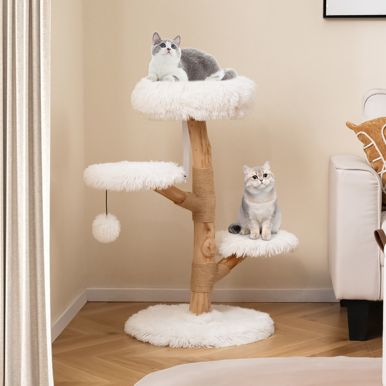 Image of 90 Cm Cat Tree, Solid Pear Wood Cat Tower W/ Perch, Modern Wooden Cat Activity Center W/ Natural Jute Scratching Posts, Dangling Ball, Soft Long Plush, Condo House Cat Indoor