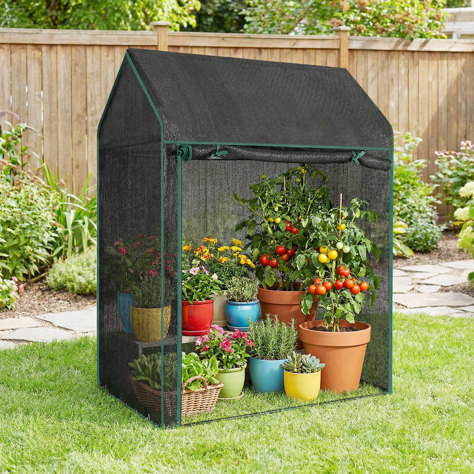 Image of Tomato Mini Greenhouse 130 X 90 X 173 Cm, Portable Clear Pvc Cover With Black Sunshade Net, Door & Windows, Stakes, Sun Protective Small For Outdoor/indoor Tomato Seedling Vegetable Fruit