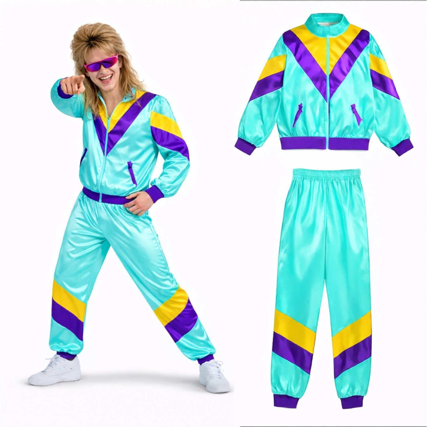 Image of Tk 80s 90s Tracksuit Outfit Jumpsuit - Neon Jogging Suit For - Retro Bad Taste For Carnival & Mardi Gras