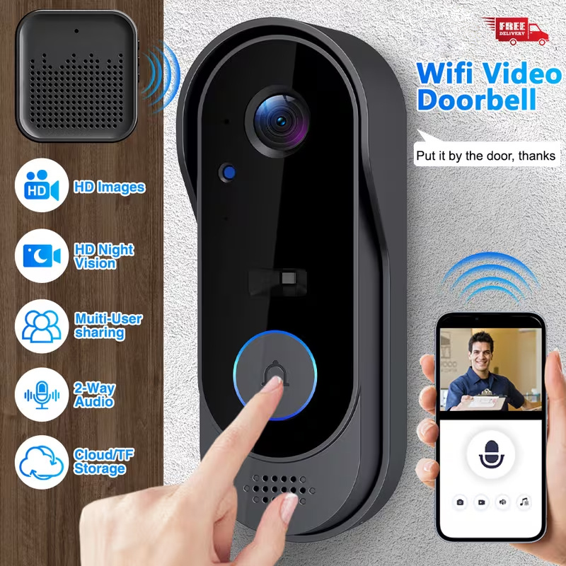 1080p wireless wi fi video doorbell camera smart   with chime 2 4g wifi only smart wifi video doorbell camera security wireless camera with   two way audio 3000mah battery real time notifications cloud storage   use modern doorbell design durable build quality commercial security solution for   apartments offices hotels