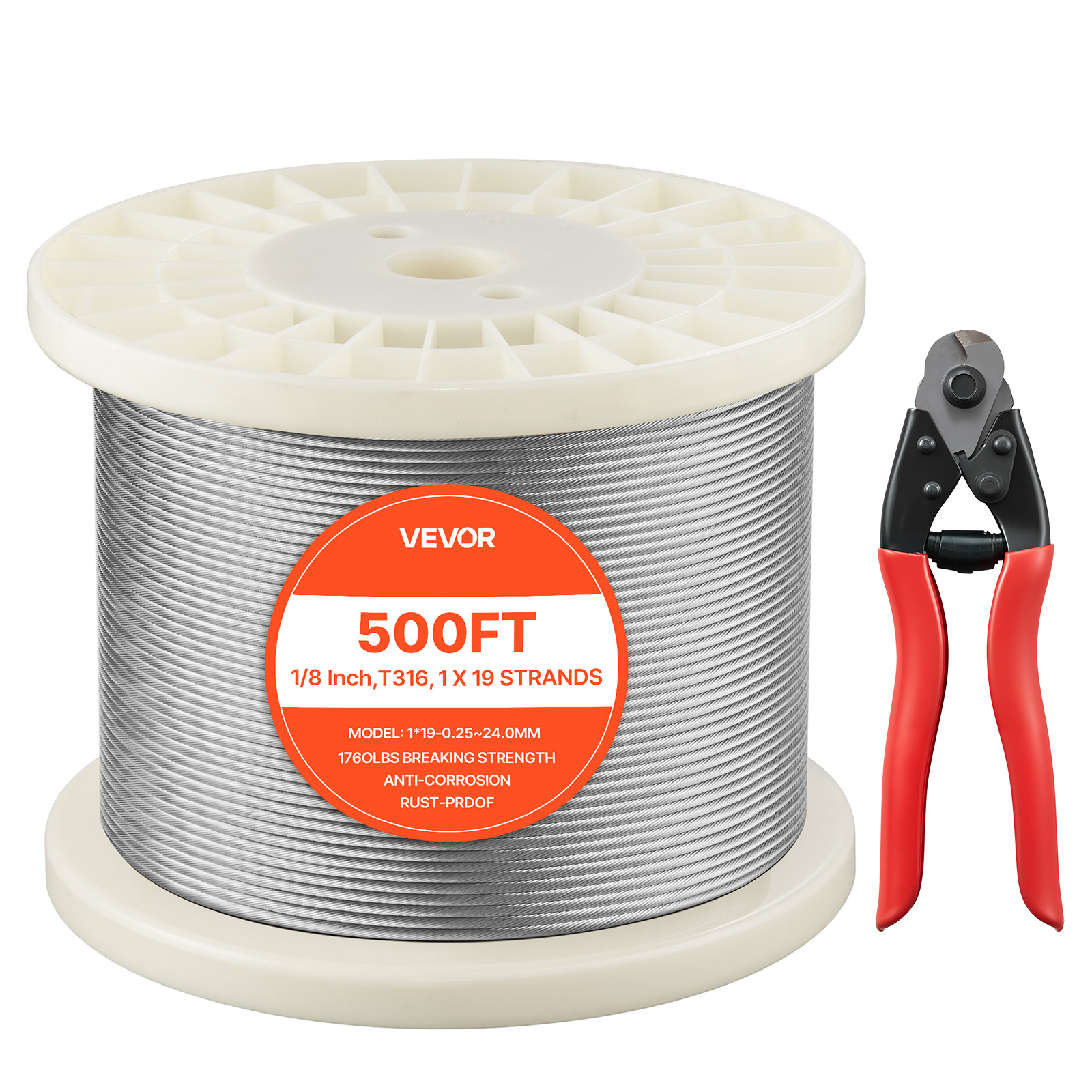 Vevor 3.2 Mm Wire Rope, 152 M Length, Steel Wire Cable With Cutter, 798 Kg Breaking Strength, 1 X 19 Strands Construction, Steel Cable For Deck Railing System, Garden Trellis