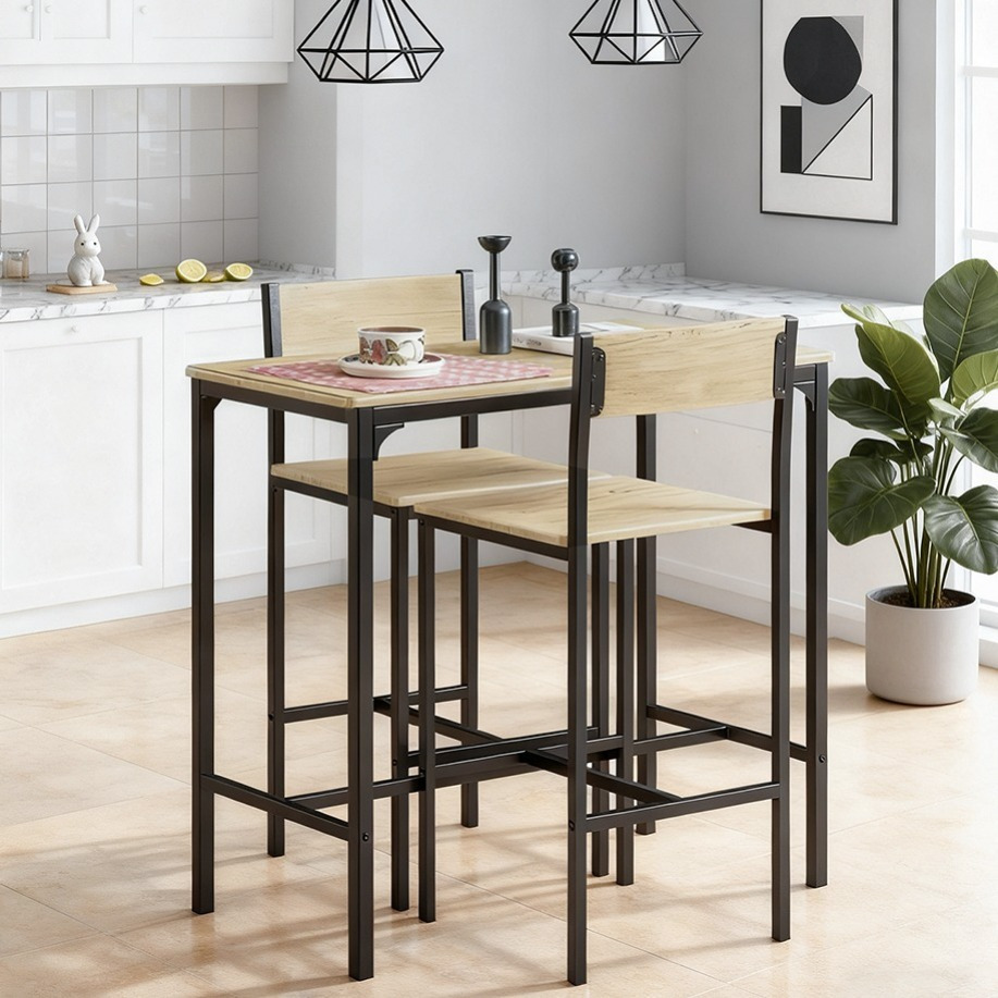 TEMU Ensemble table de bar 1 pièce avec 2 chaises, ensemble bistrot table de cuisine haute encombrante pour , balcon et salon, MDF acier, HAOTIAN