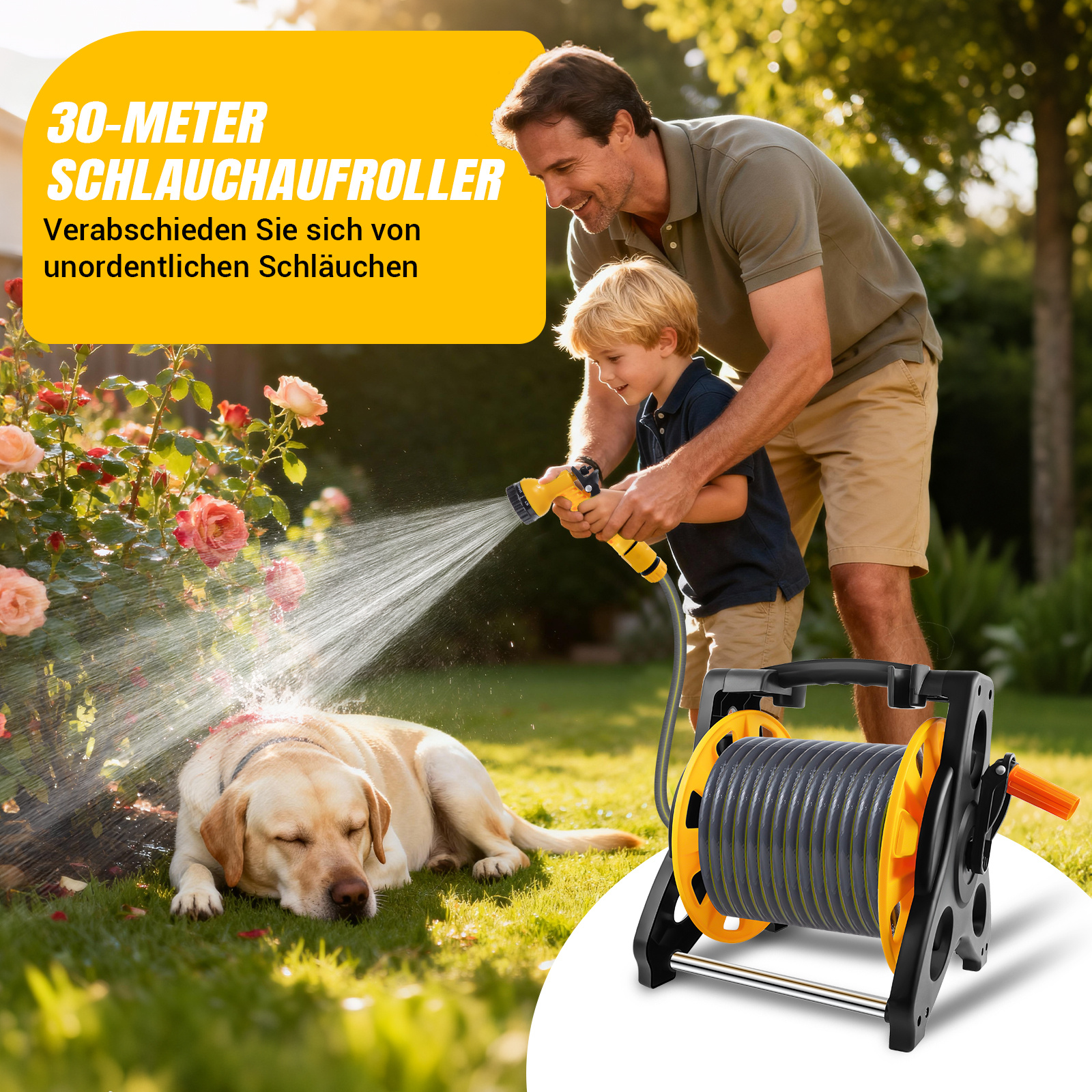 E-shop Schlauchtrommel mit 30 m Wasserschlauch und Multifunktionsbrause - Mobiler Schlauchaufroller mit Wandhalterung, Düse