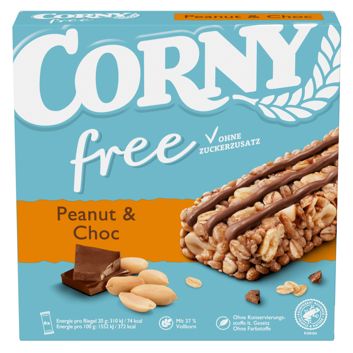 Corny Free Peanut And Chocolate Muesli Bar Without Added Sugar 6x25g