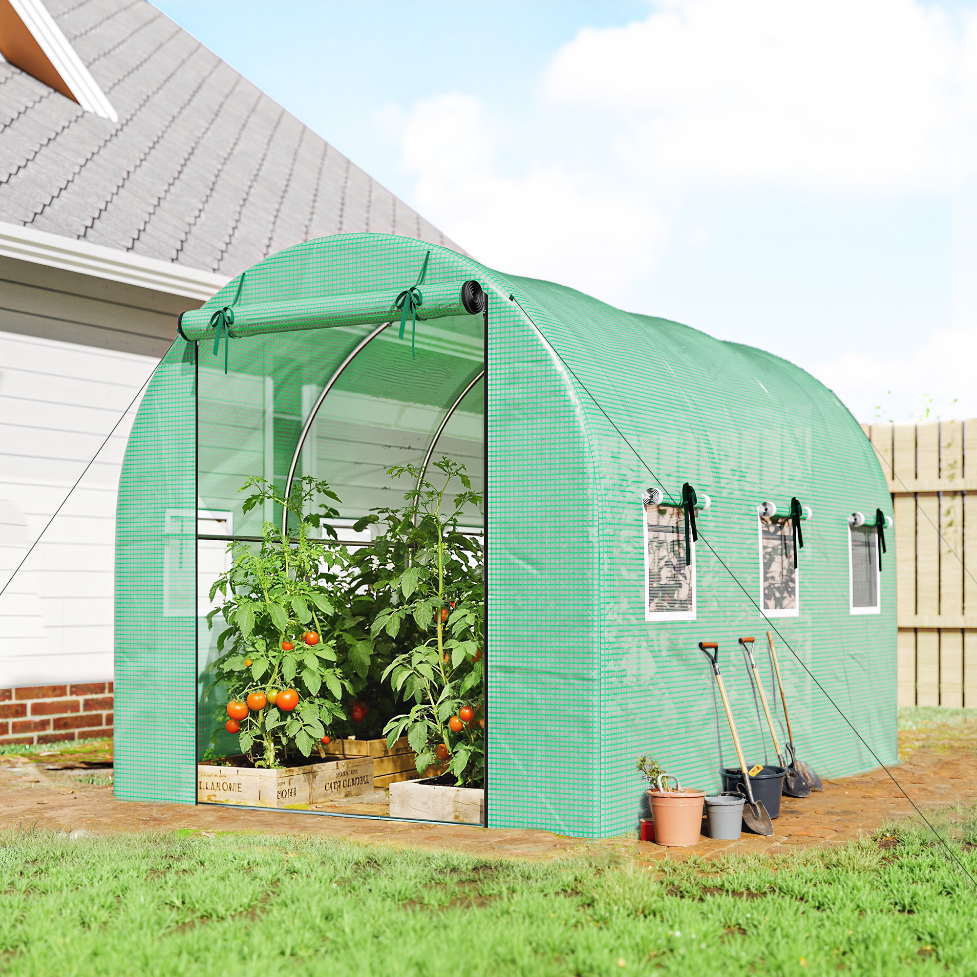 Greenhouse 3 X Greenhouse With Roller Bar 2 Zip Doors & 6 Mesh Windows Support Rods Extended Edges, Uv-resistant Foil Tunnel, Winter-resistant , Green