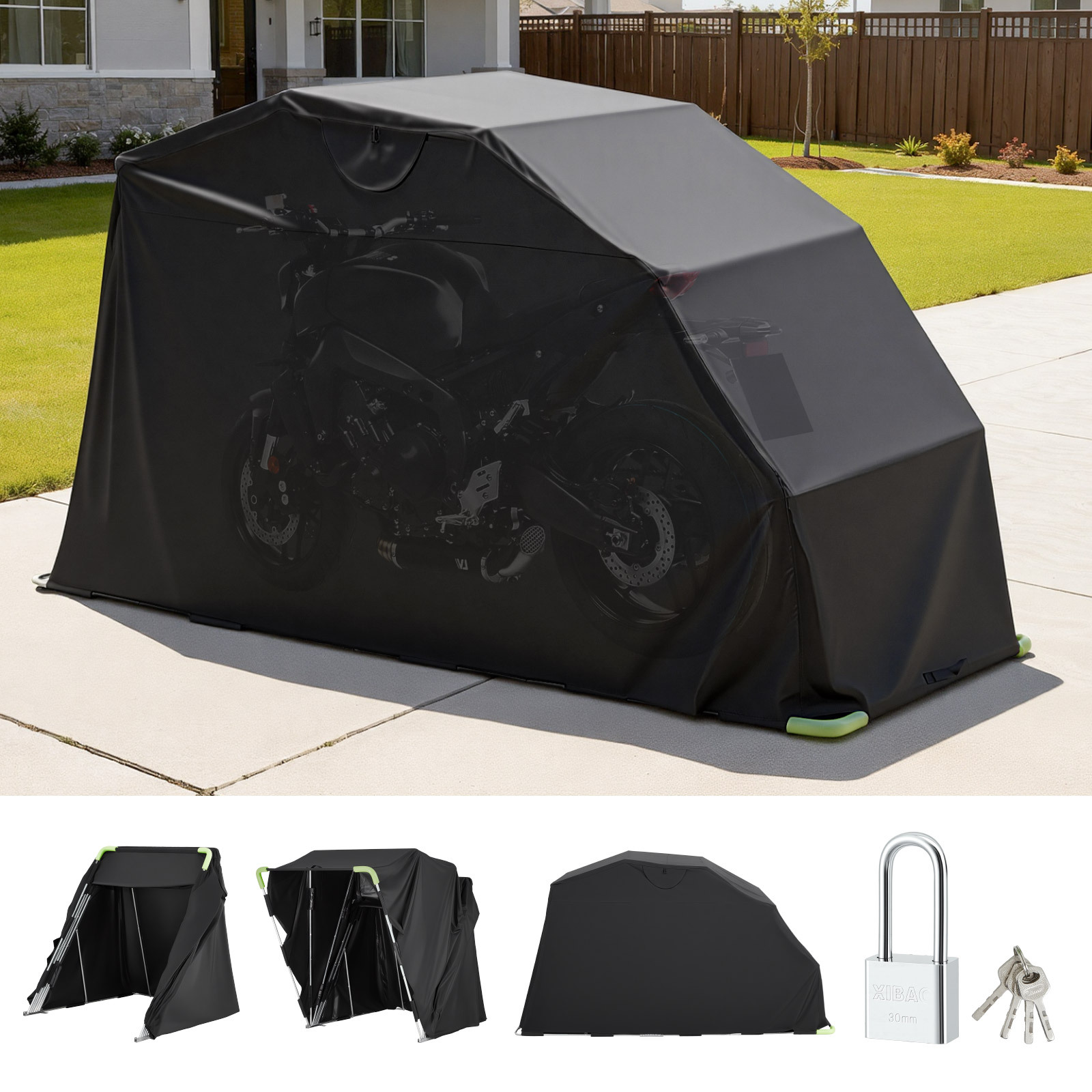 Image of Vevor Motorcycle Storage Shelter With Security Lock, 600d Oxford Flip- Tent, Heavy-duty Motorcycle Cover With Ventilation Windows, 346x137.5x190 Cm Outdoor Vehicle Shelter, Black