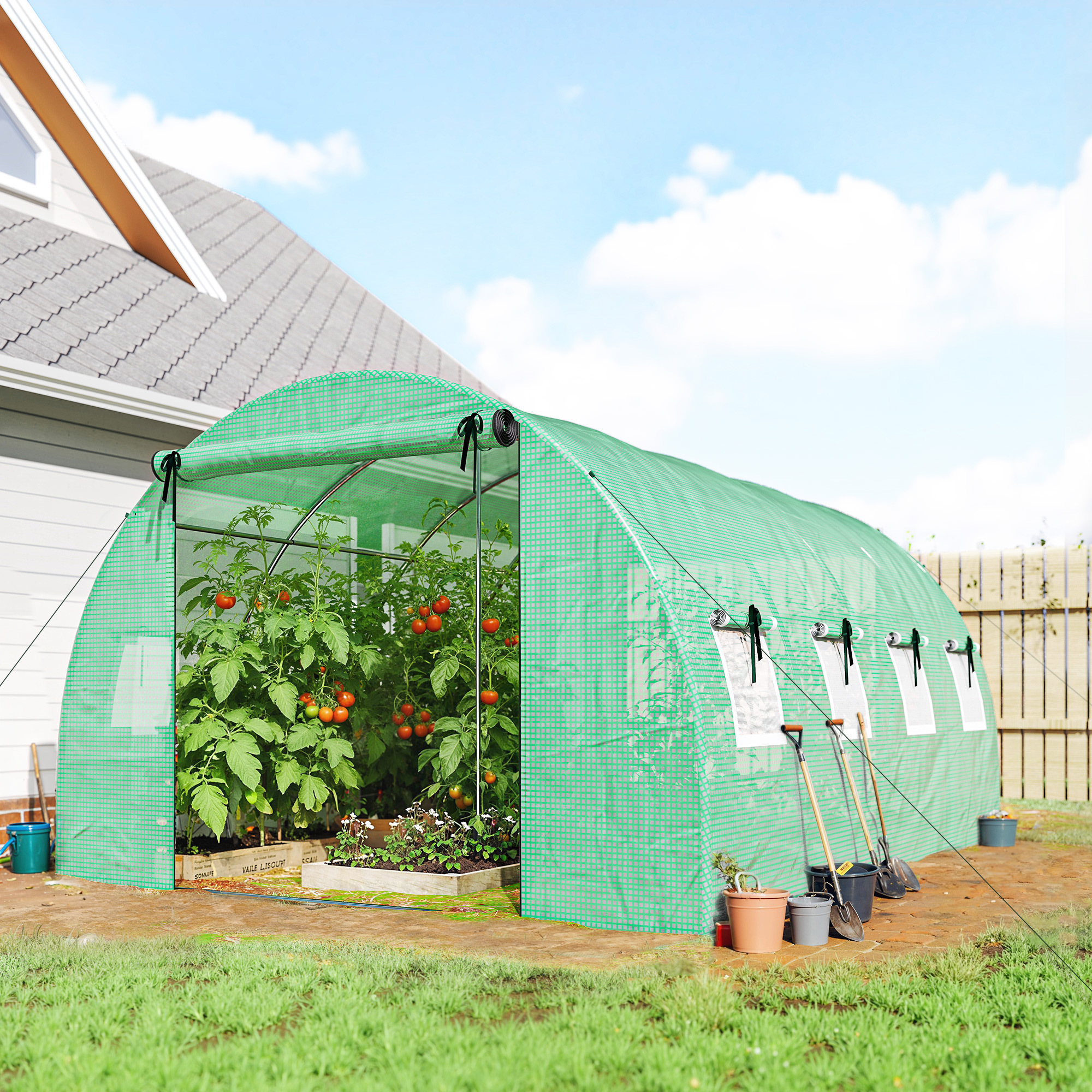 Image of Greenhouse . 4 X 3 X 2 M, Rollable Film Greenhouse With 2 Zipper Doors & 8 Mesh Windows, Support Rods, Extended Edges, Uv-resistant Film Tunnel, Winter-proof , Green