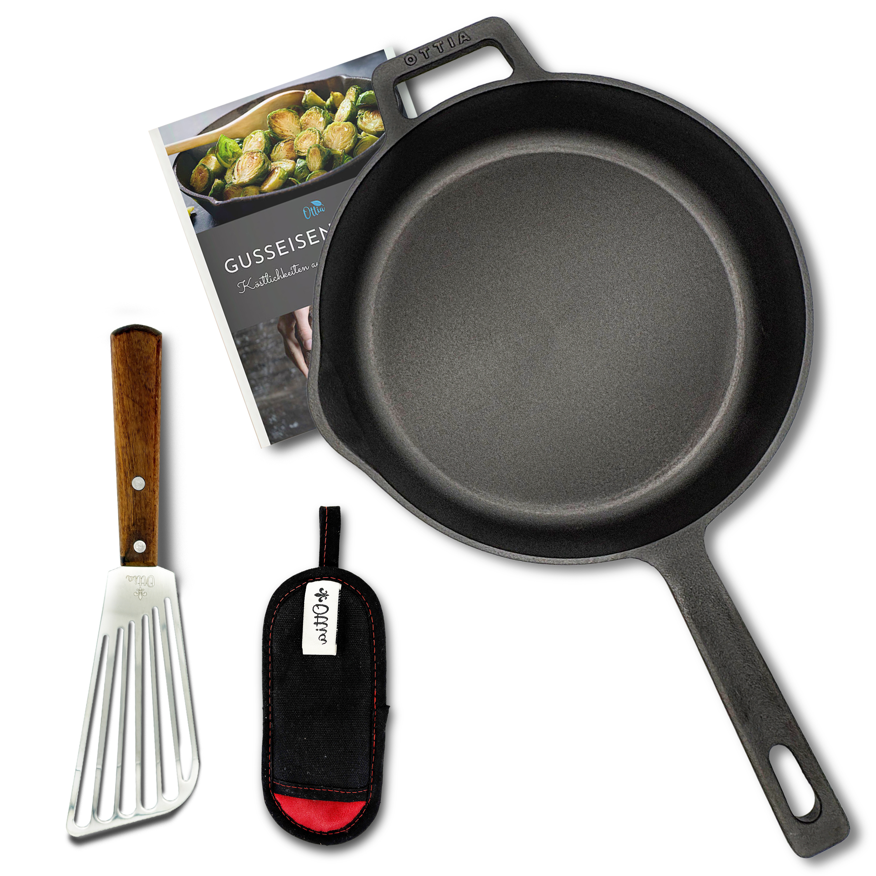 E-shop Ottia Gusseisenpfanne für Induktion – kratzfest und -, langlebige Pfanne aus reinem Gusseisen – 24 cm / 28 cm