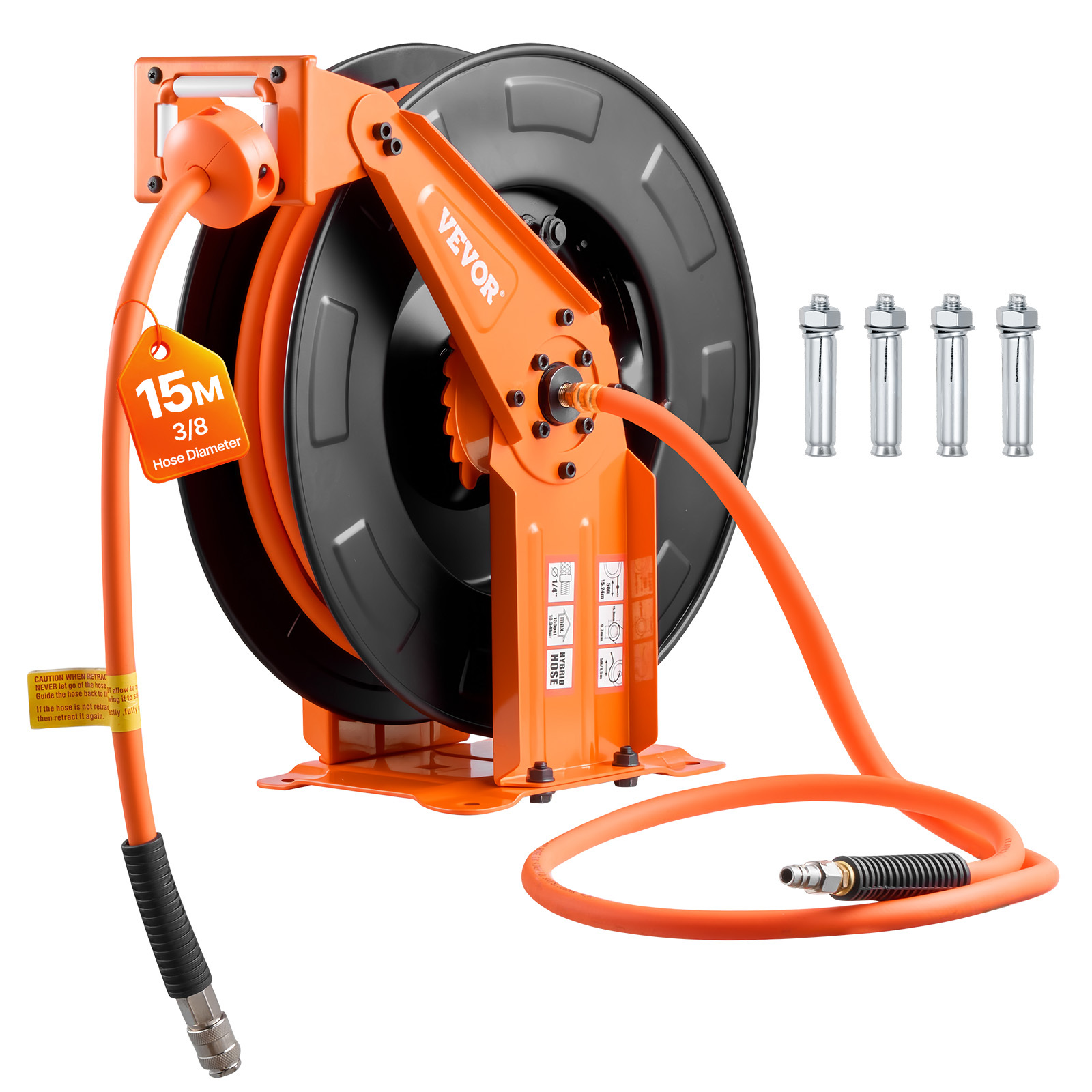 Image of Vevor Retractable Air Hose Reel, 15m X 9.5mm Hose Max 300psi, Auto Air-compressor Hoses Reel With 1.52m Lead In, Ceiling/wall Mount Heavy Duty Steel Double Arm