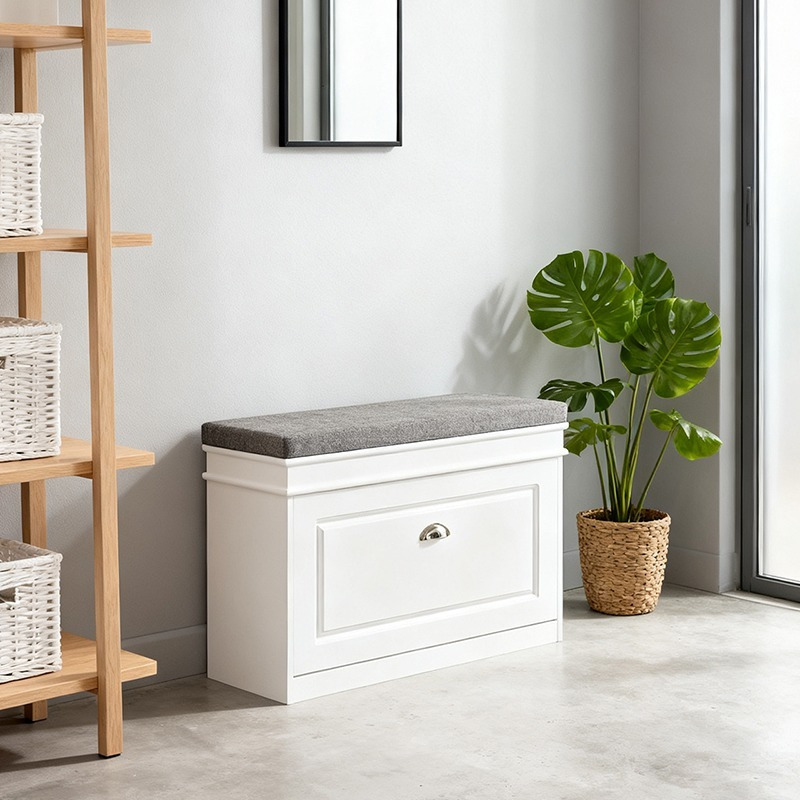 TEMU Five-door Shoe Bench With Container And Padded Seat, Bench With Trunk, Lateral Drawer And Hook, White, 75×24×51 Cm, Haotian Gts93-m-