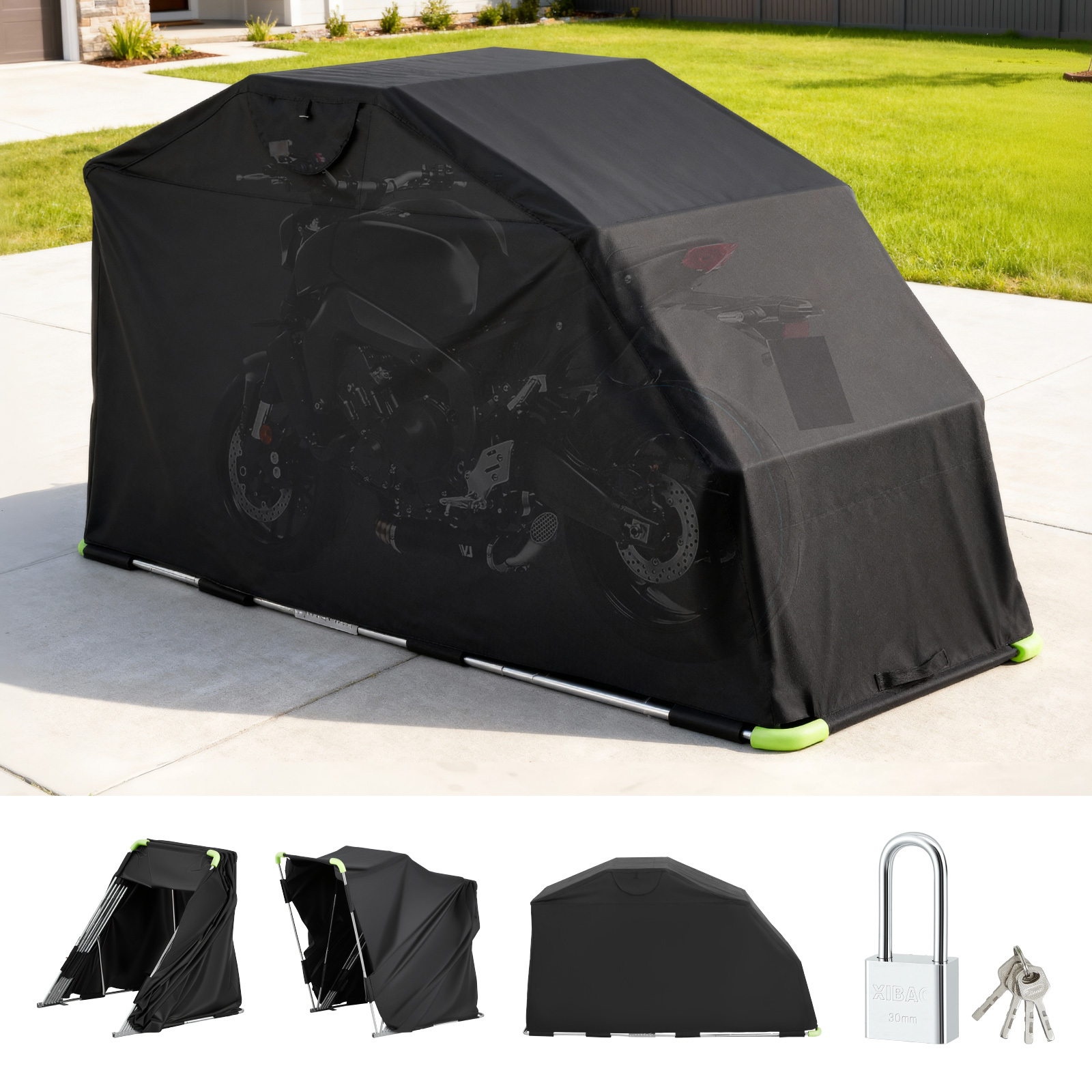 Image of Vevor Motorcycle Storage Shelter With Security Lock, 600d Oxford Flip- Tent, Heavy-duty Motorcycle Cover With Ventilation Windows, 279x109.5x160 Cm Outdoor Vehicle Shelter, Black