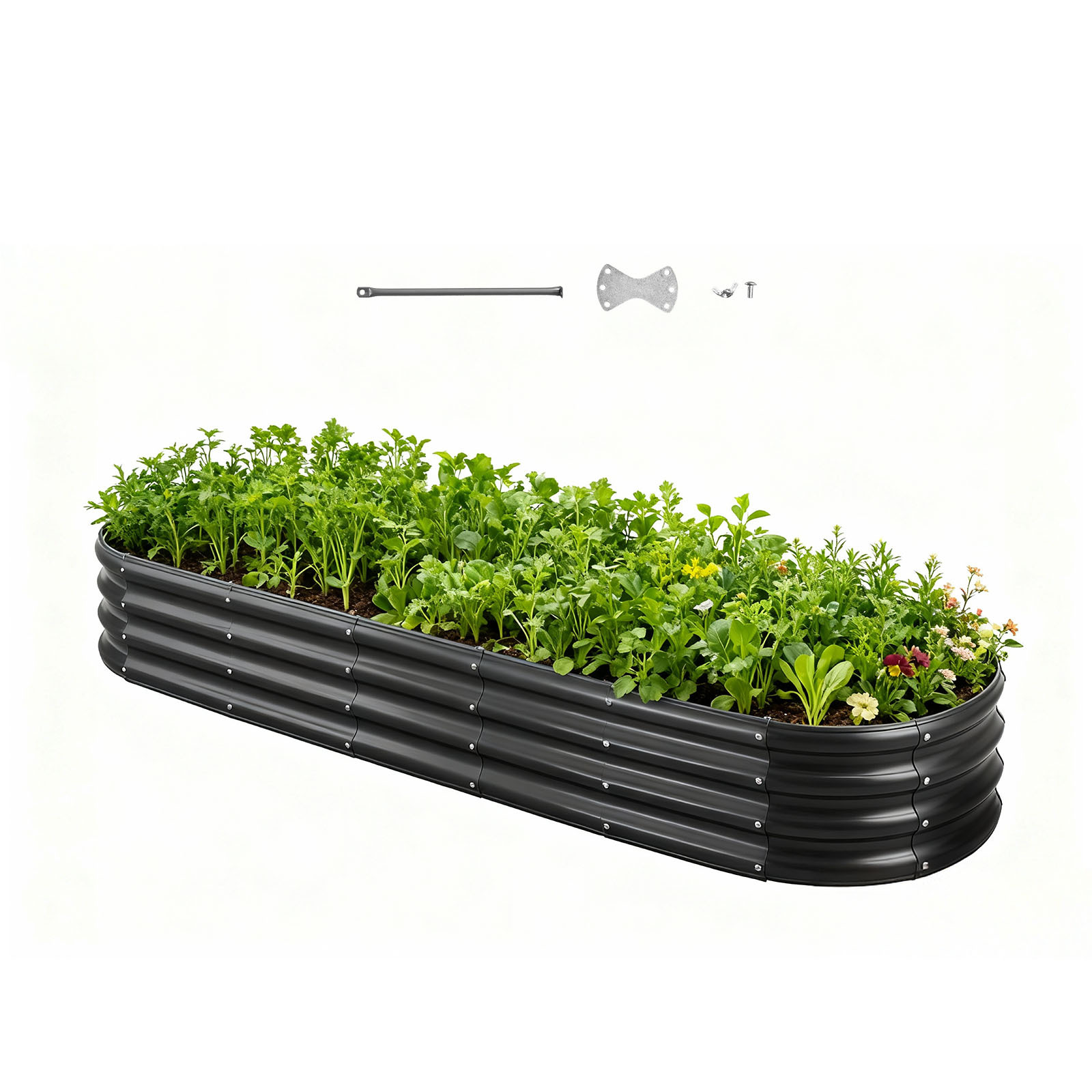 Image of Vevor Metal Raised Garden Bed, 2.4 X 0.6 X 0.3 M Oval Outdoor Galvanized Planter Garden Box, Open Bottom Design, Large Planter Raised Bed For Growing Vegetables, Flowers, Herbs, Succulents, Dark Gray