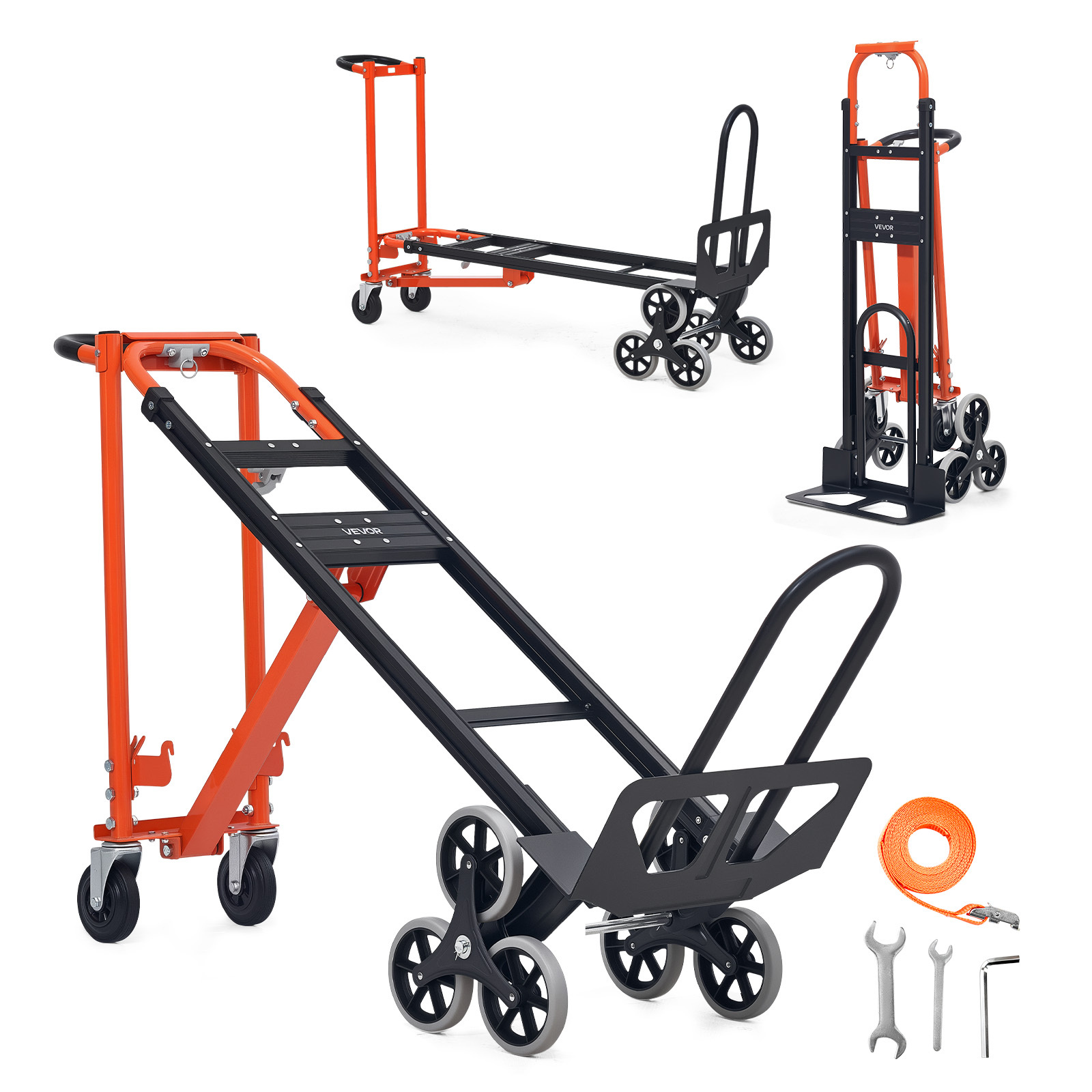Vevor 3 In 1 Industrial Convertible Stair Climbing Cart, 350 Kg , Folding Hand Truck Dolly With Handle & Wheels, Stair Climbing Utility Trolley For Transport & Moving, Orange & Silver