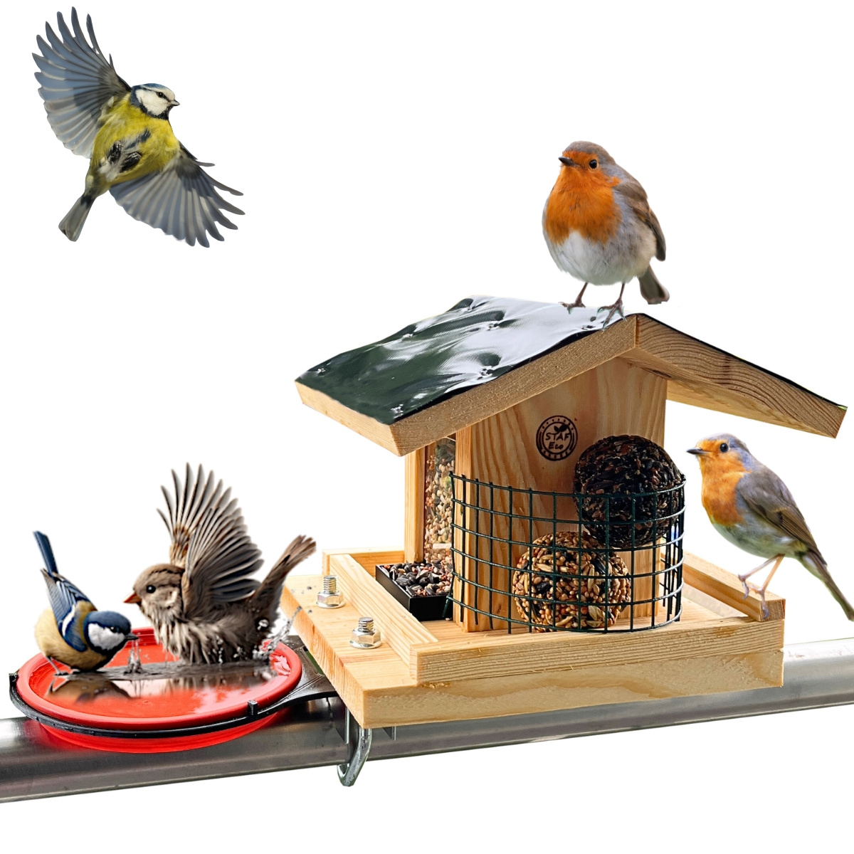 Image of Stafeco Bird Feeder Birdhouse Bird Bath For Balcony Weatherproof Feeder House Balcony Railing Wooden Impregnated Handmade Garden Birds In The Garden Balcony Holder With