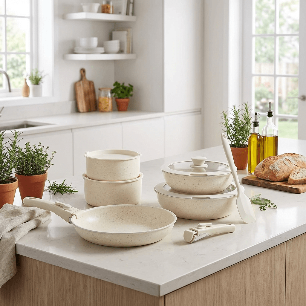 TEMU Topported 12-piece Cookware Set, Healthy Ceramic-coated Cookware With Removable Handles, Induction-compatible Cookware Set, Suitable For