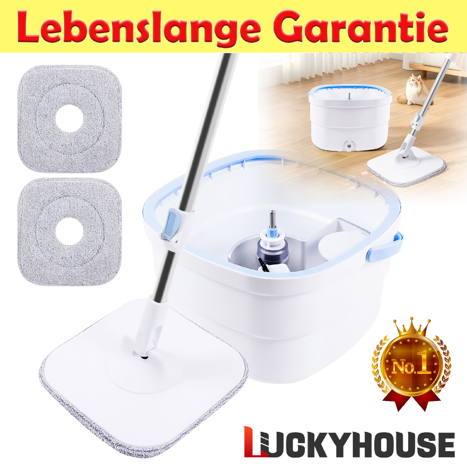 Image of Rotating And Cleaning System Mop With Bucket Set - 360° Rotating Mop For Floor Cleaning | Foldable Mop Head For Cleaning Baseboards | Rotating Head For Hard-to-reach Areas | Easy Drainage Outlet