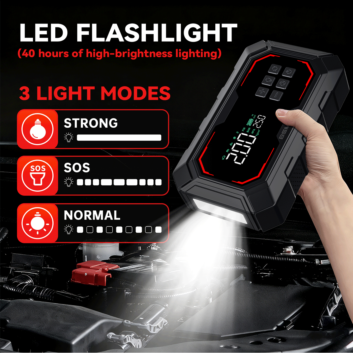 Pornitor auto 8000A cu compresor de aer, pompă de umflat anvelope fără fir, demaror de baterie cu power bank și lanterne LED, cutie de pornire auto 12V pentru toate vehiculele pe benzină sau diesel de 10.0L
