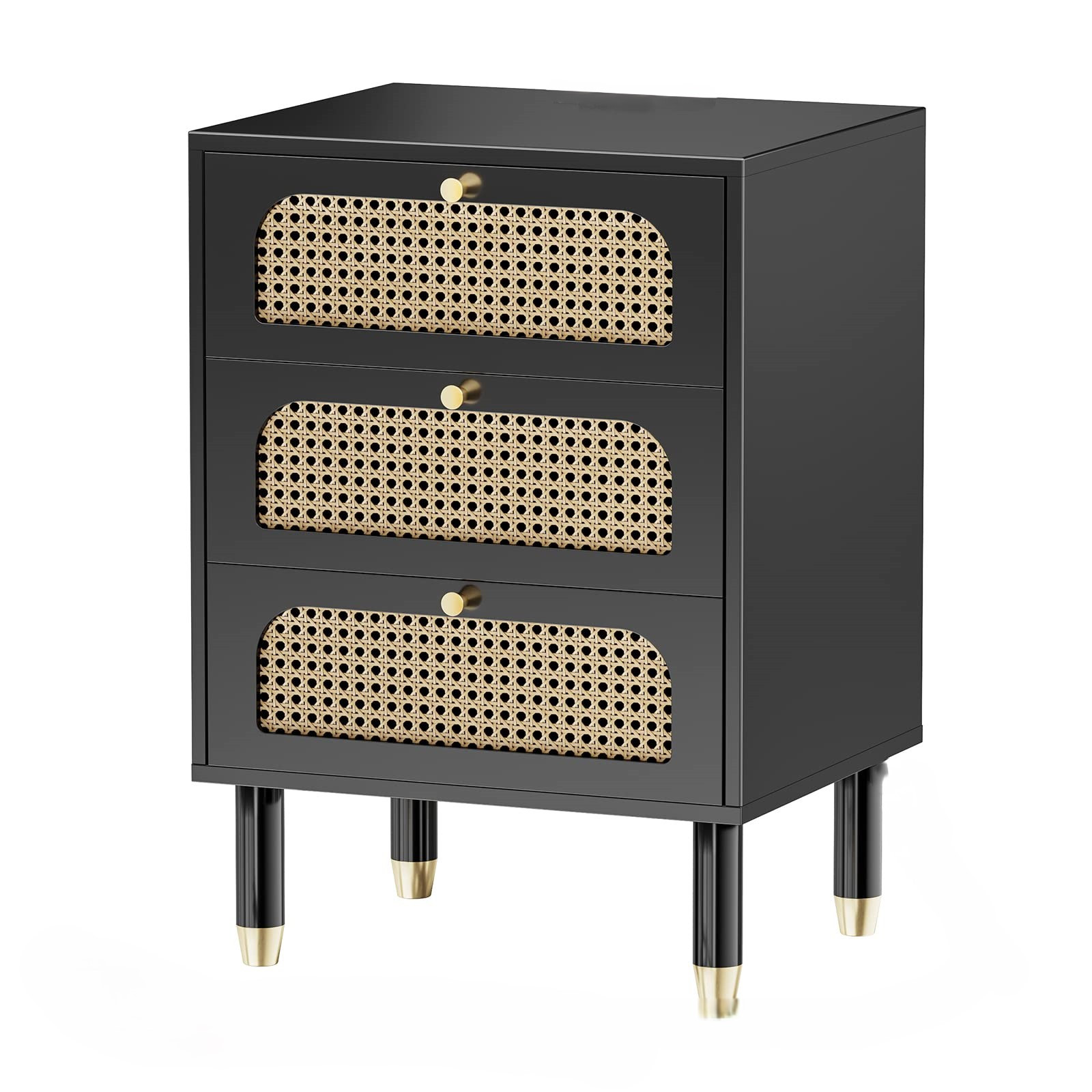 Image of Bonnlo Rattan Nightstand, Side Table With 3 Drawers, Modern Dresser, For Living Room, Bedroom, Hallway, Office, 40 X 35 X 60.5 Cm, Black