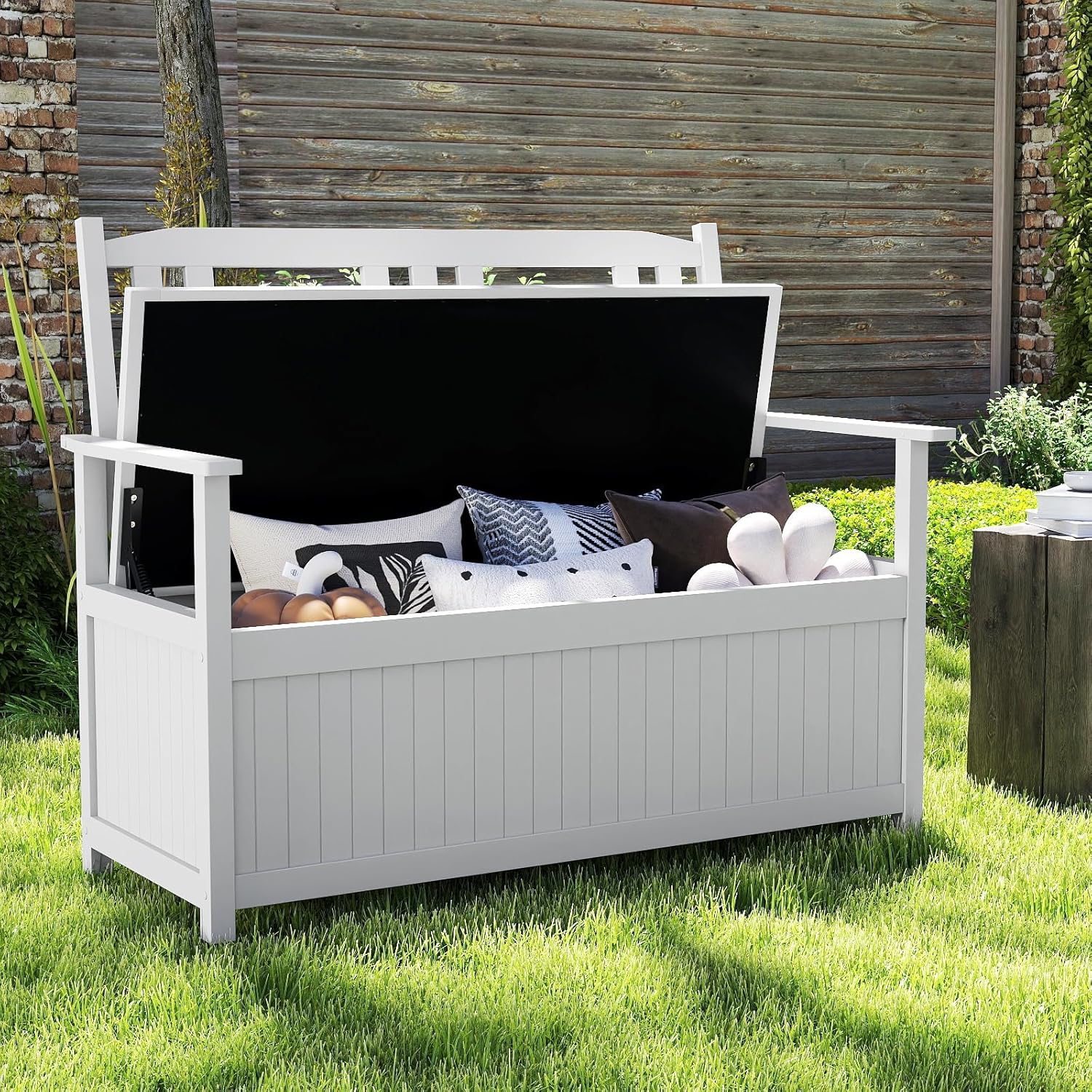 185 L Patio Storage Bench, Solid Wood Storage Loveseat With Backrest & Armrests, 2-person Entryway Large Deck Box Container With Oxford Lining For Backyard, Garden