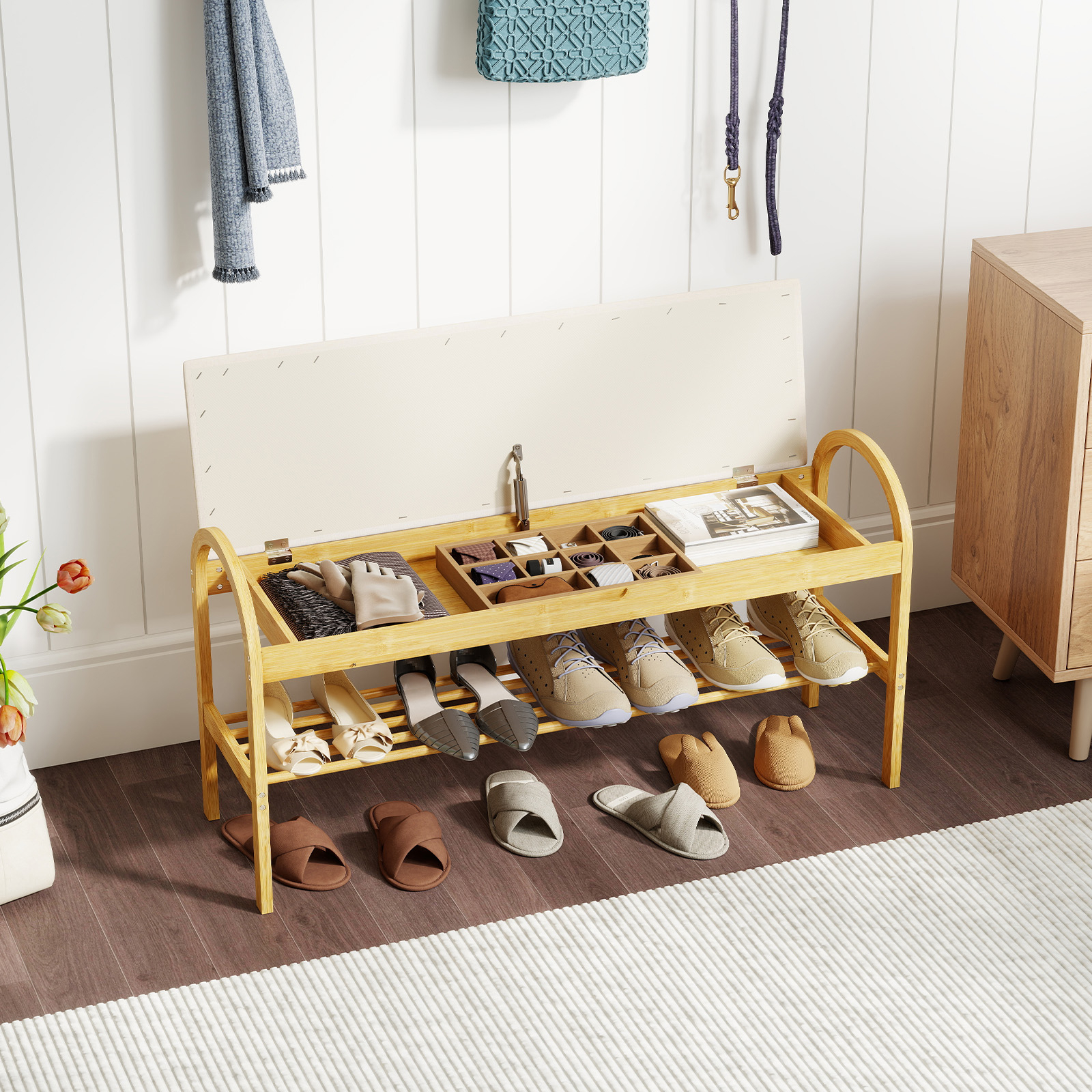Image of Bamboo Shoe Bench, Entryway Storage Bench With Cushioned , Hidden Storage Compartment & Shoe Rack, Shoe Organizer With Seat & Handrails For Living Room Bedroom Entrance, Beige