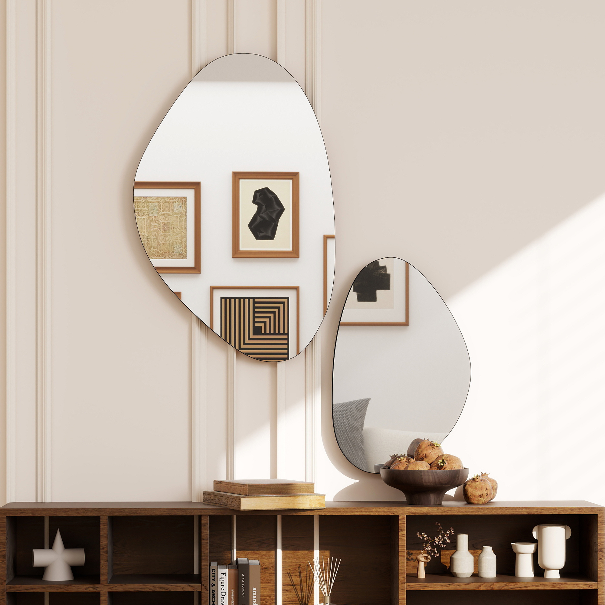 Wand Mirror 2pcs Set 70 X 46 Cm, 49.5 X 31 Cm Window Mirror With Metal Frame Decorative Hanging Mirror In Pebble Shape Hallway Mirror For Bedroom Living Room, Black